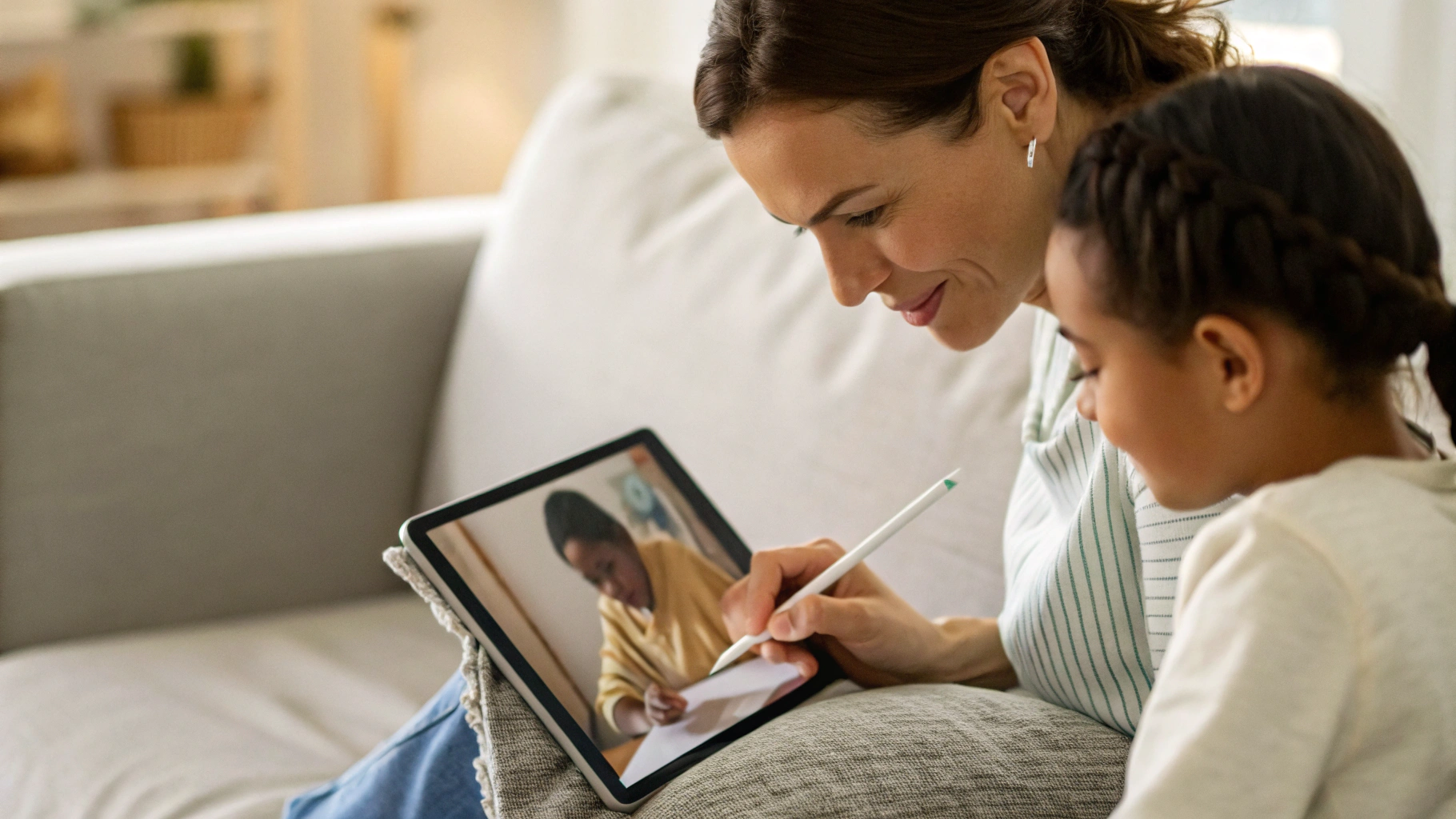 Родитель делает пометки стилусом на экране планшета с фото тетради