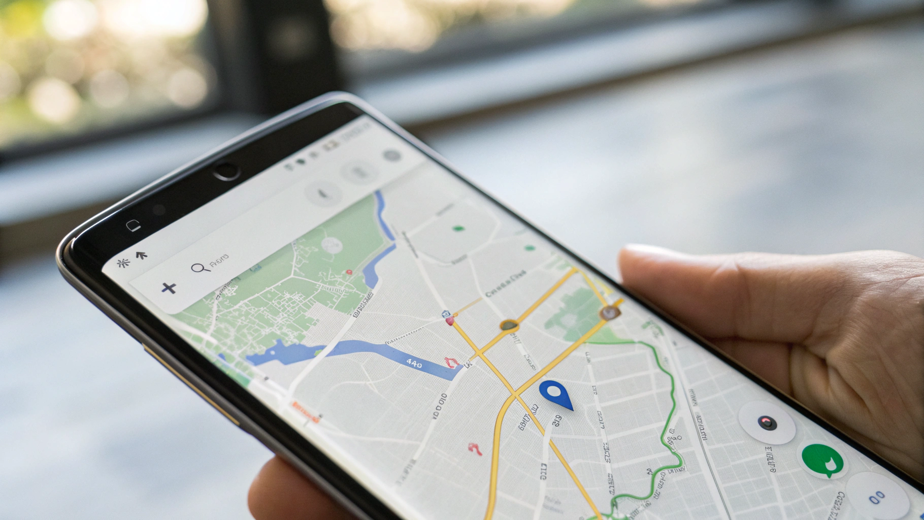 Современный Android‑смартфон с картой навигатора и индикатором заряда батареи