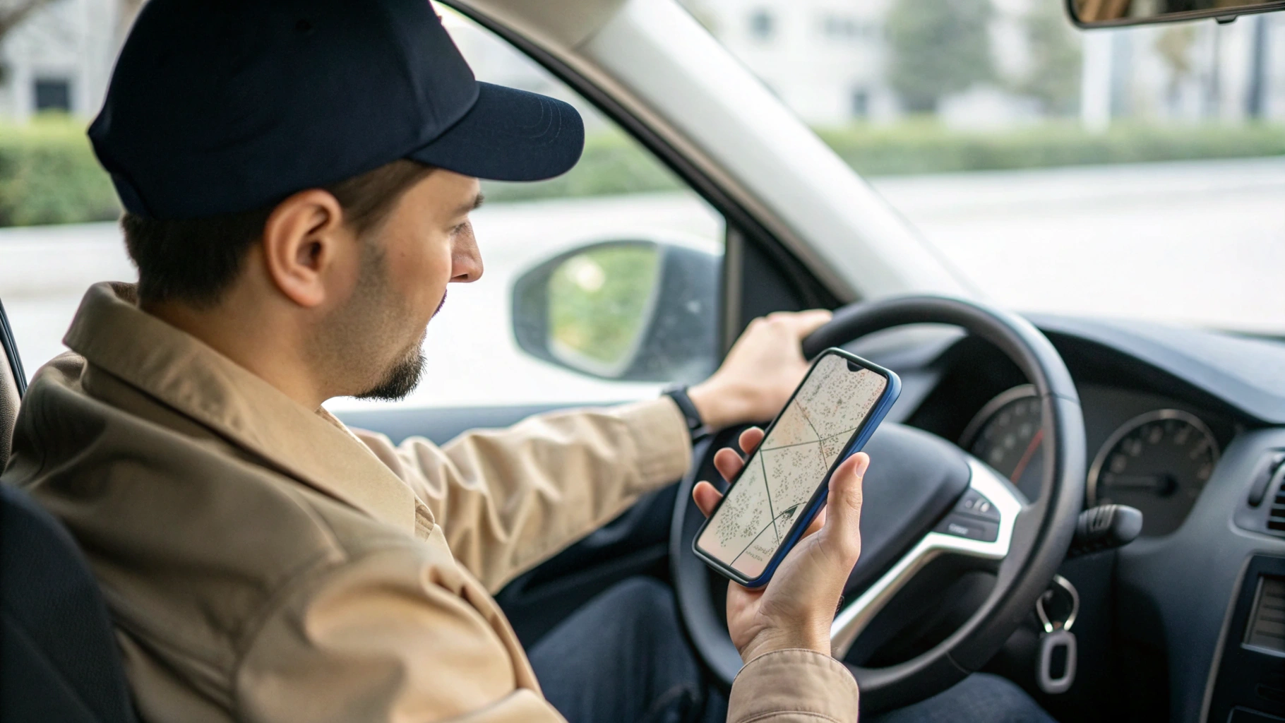 Курьер в машине смотрит маршрут на Android‑смартфоне с навигацией