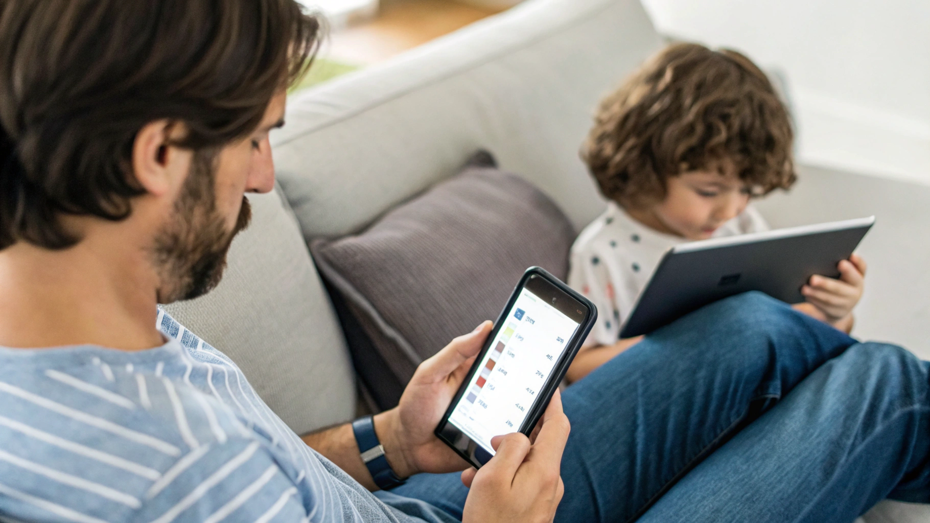 Родитель настраивает семейный доступ на iPhone, ребёнок играет на iPad рядом