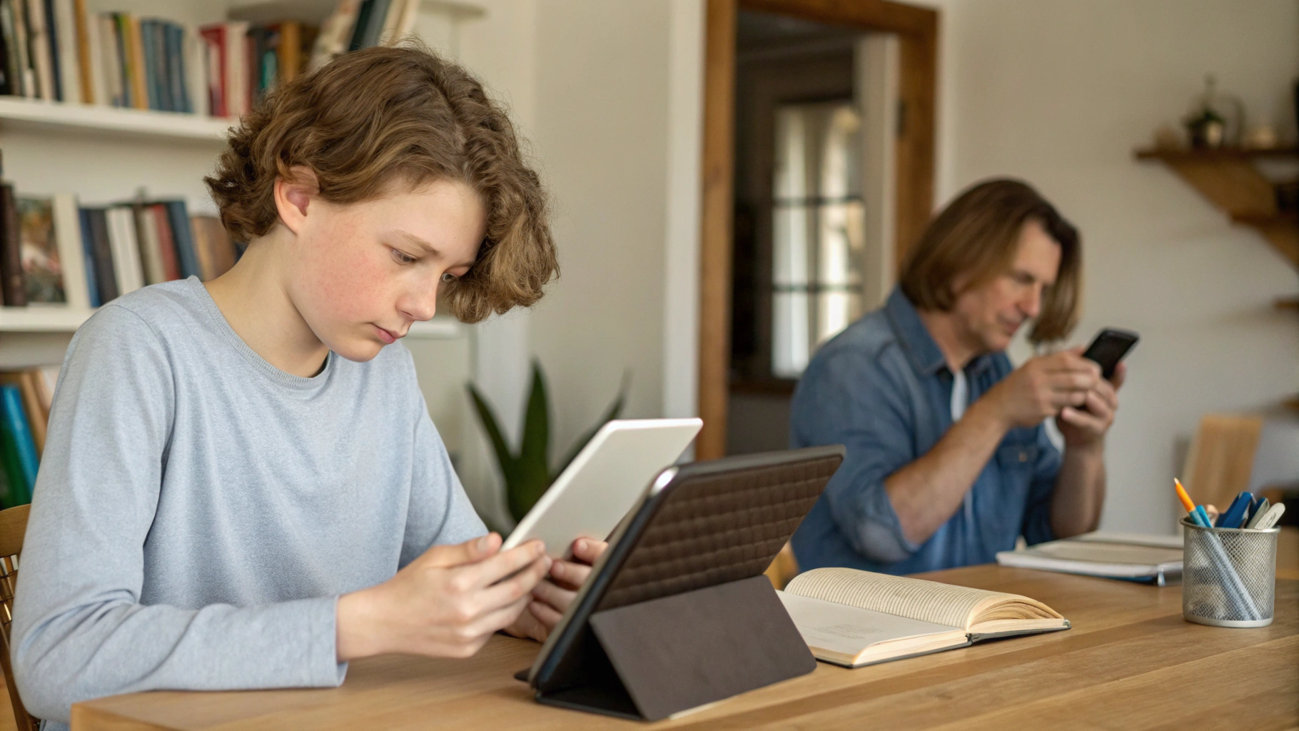 Подросток делает уроки на iPad с клавиатурой, родитель рядом пользуется iPhone