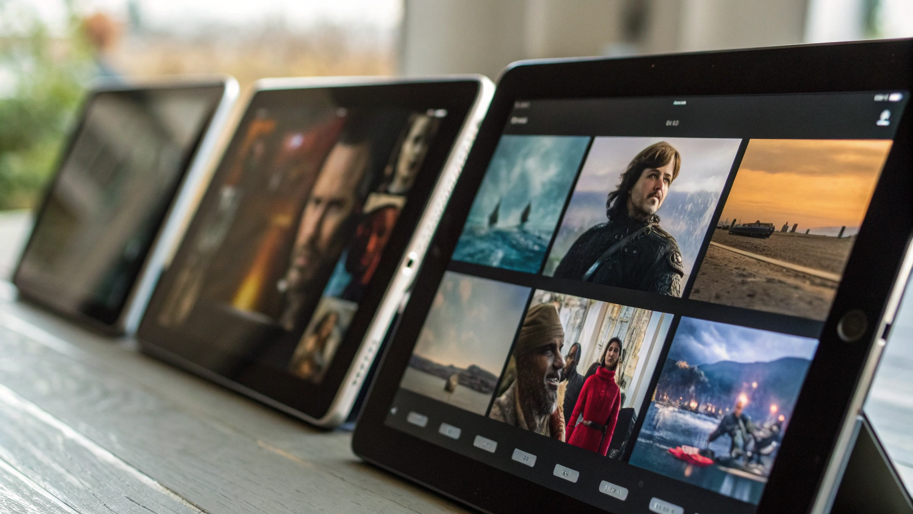 Несколько современных планшетов на столе с запущенными фильмами и видео в YouTube