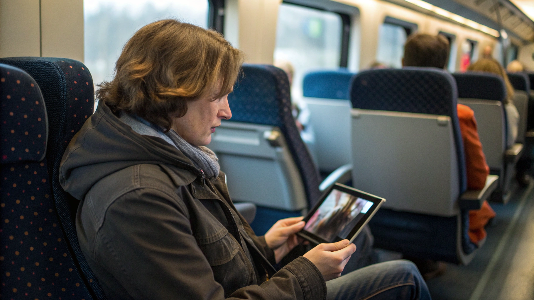 Человек смотрит сериал на компактном планшете в дороге