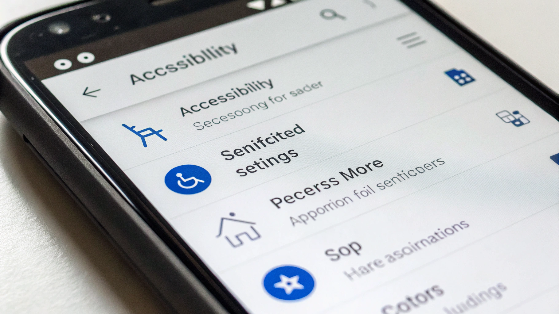 Настройки доступности на Android‑смартфоне с крупным шрифтом и большими иконками