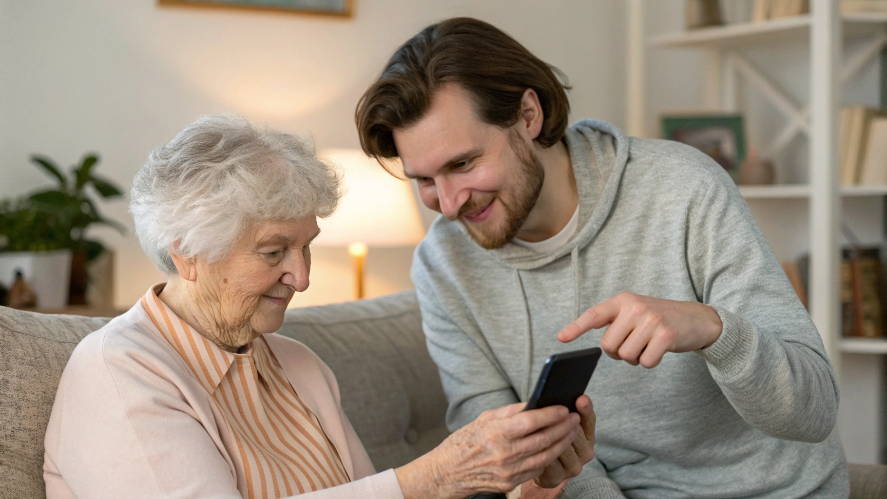 Взрослый сын обучает пожилую маму пользоваться смартфоном дома