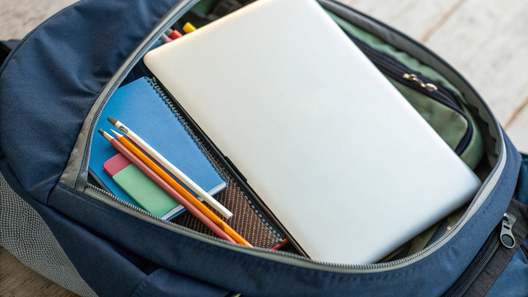 Тонкий лёгкий ноутбук лежит в рюкзаке рядом со школьными принадлежностями ребёнка