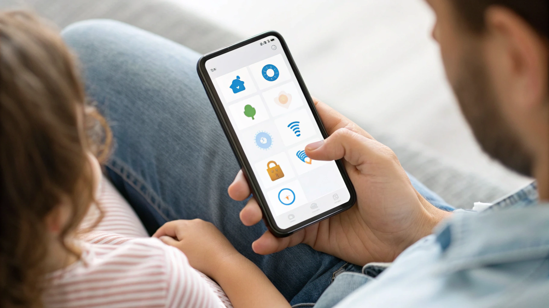 Родитель на смартфоне показывает экран с семейным менеджером паролей