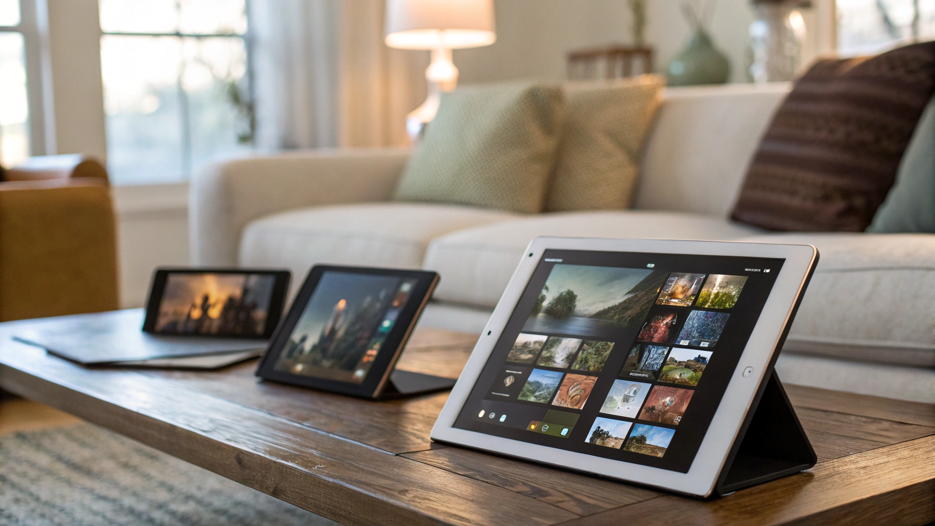 Три планшета на столике с открытыми приложениями для сериалов и игр