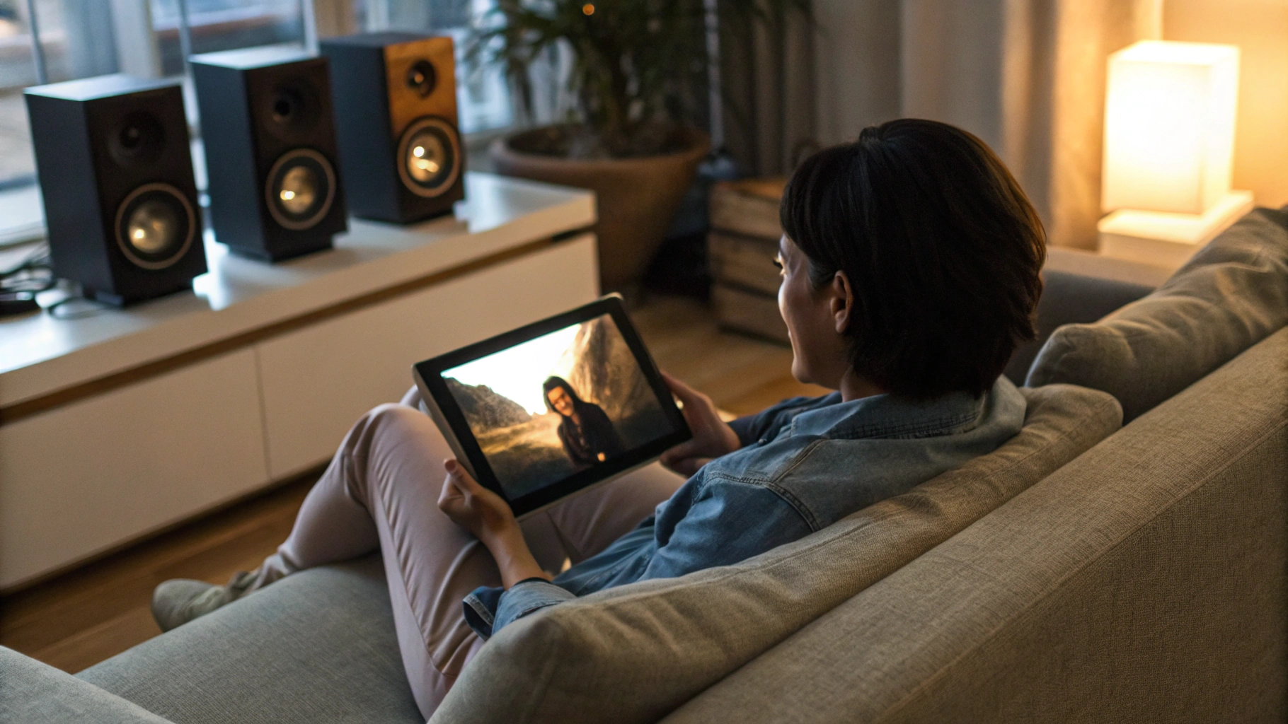 Планшет в руках на диване с запущенным фильмом и стереодинамиками по бокам