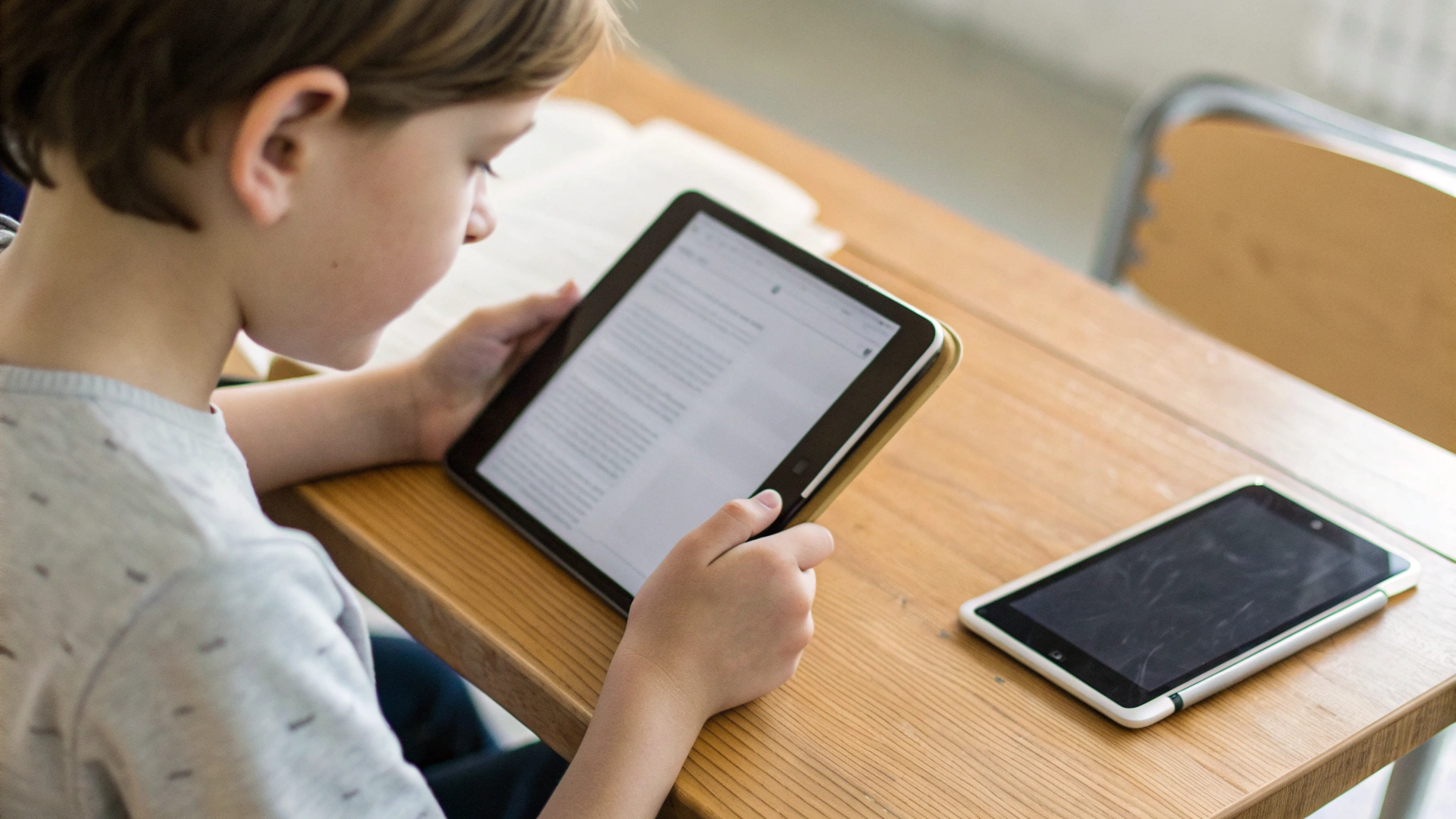 Ребенок использует планшет с открытым учебником, рядом лежит смартфон