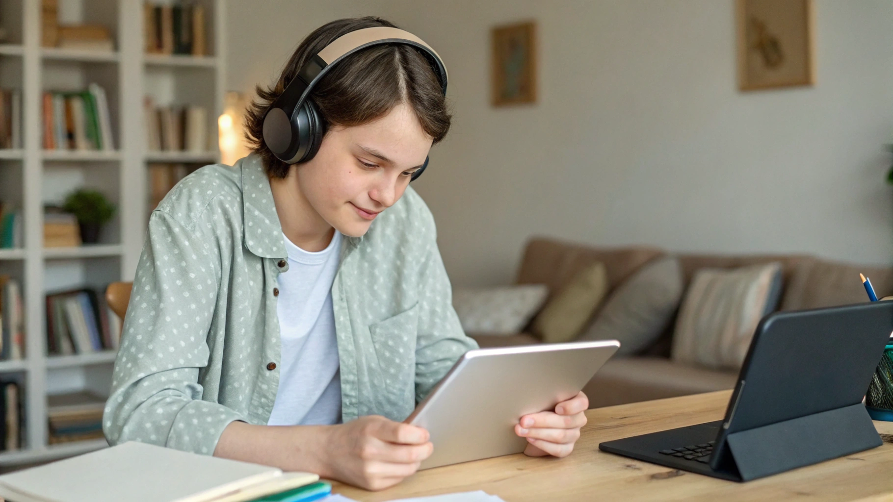 Подросток в наушниках занимается онлайн с планшетом и смартфоном на столе