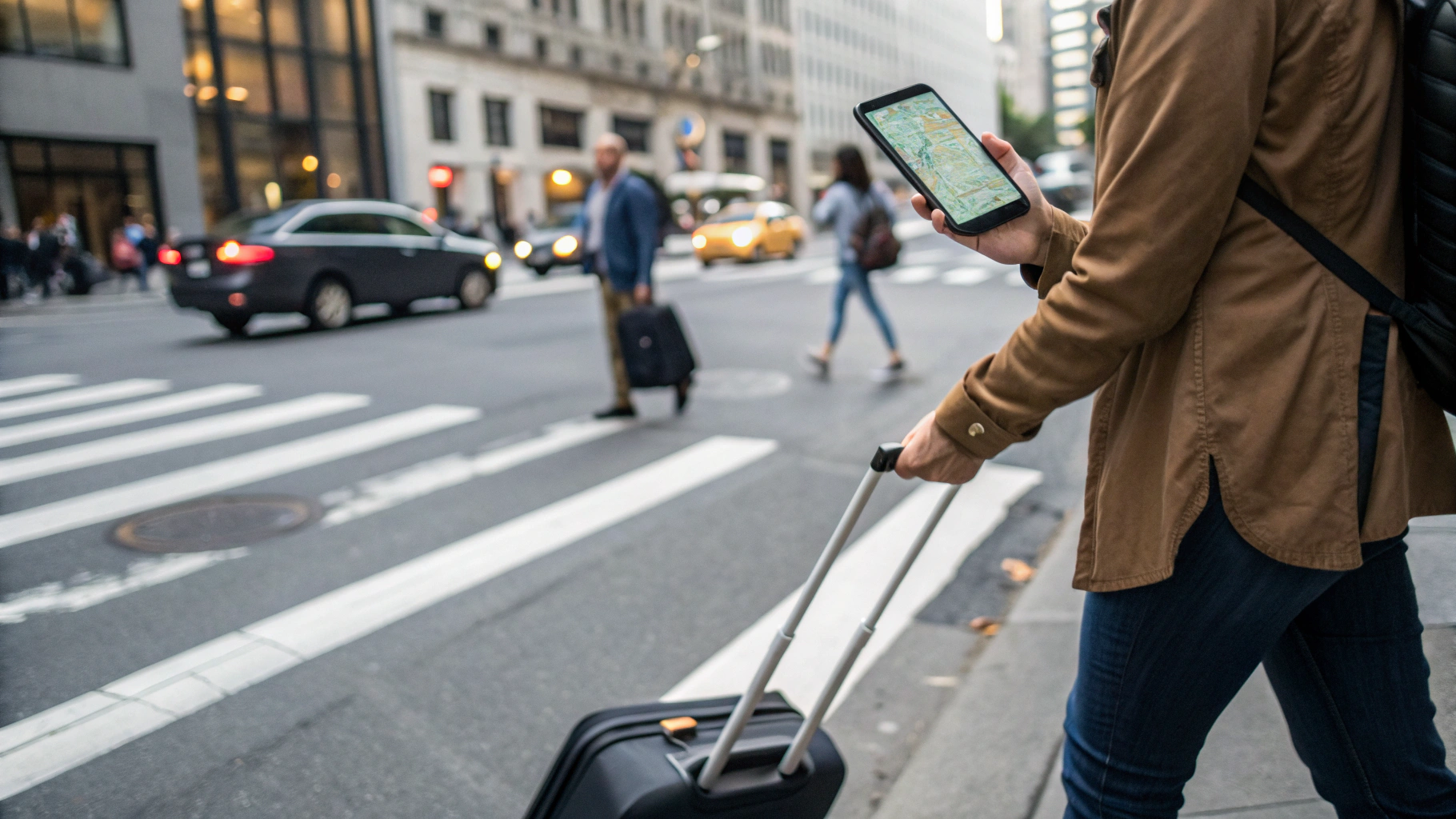 Турист с чемоданом использует Android‑смартфон с eSIM для навигации в поездке