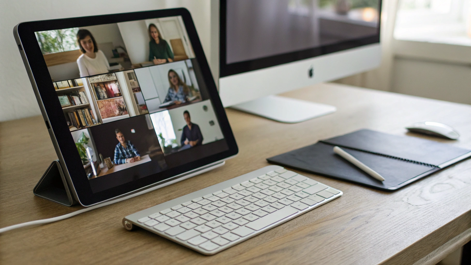 iPad 2025 подключён к внешнему монитору с несколькими учебными окнами