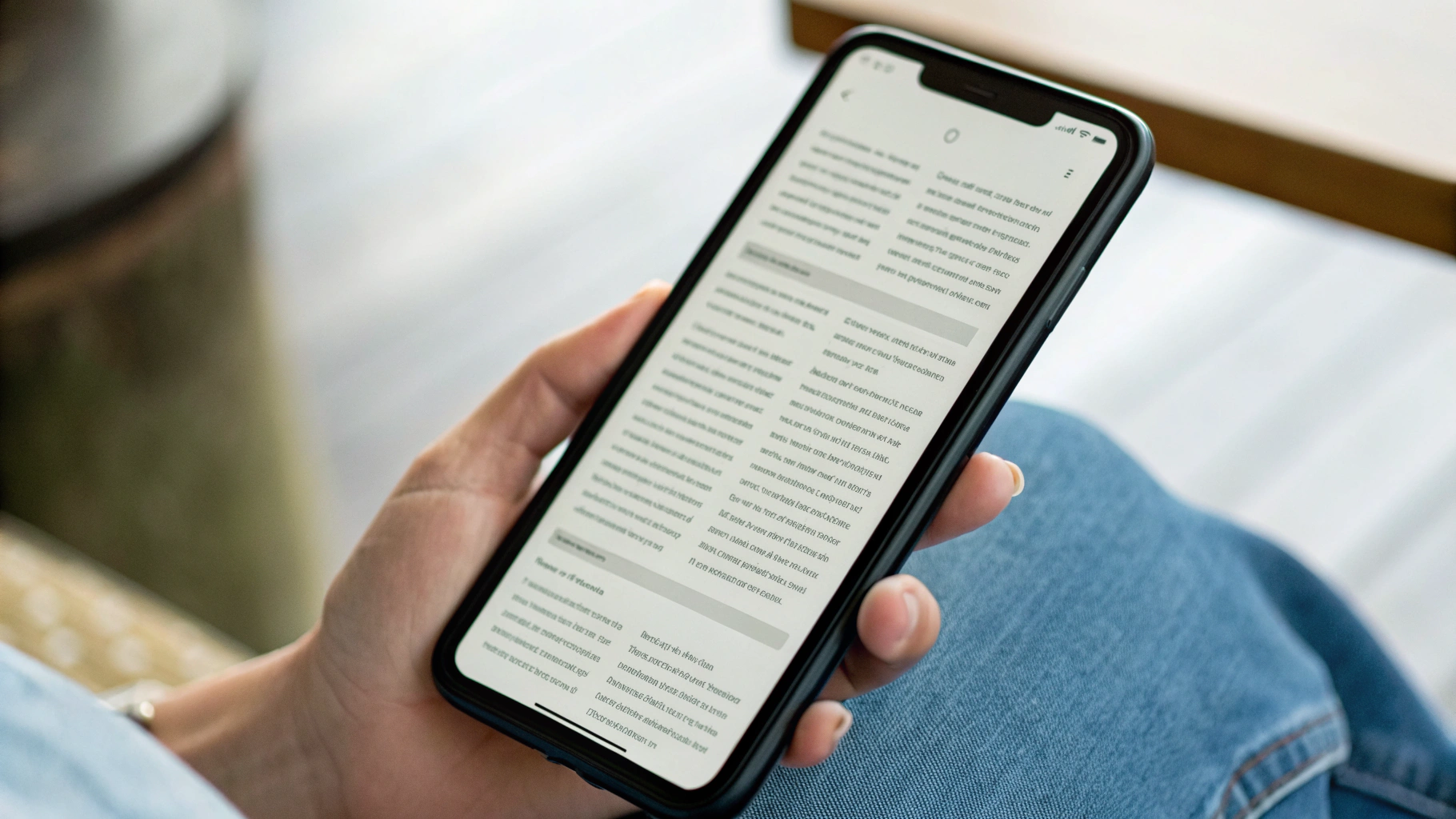 Крупный план смартфона с большим экраном и двухколоночным текстом для удобного чтения