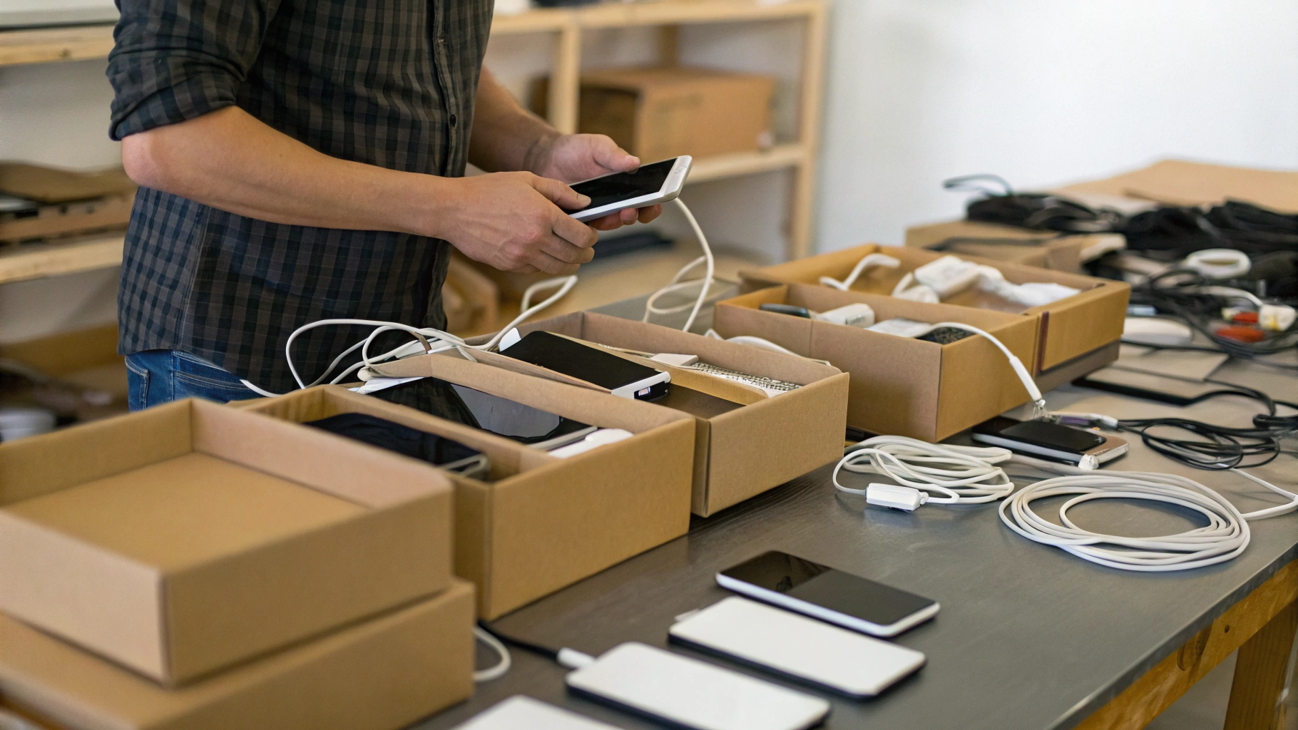 Владелец готовит подержанные смартфоны к продаже на вторичном рынке