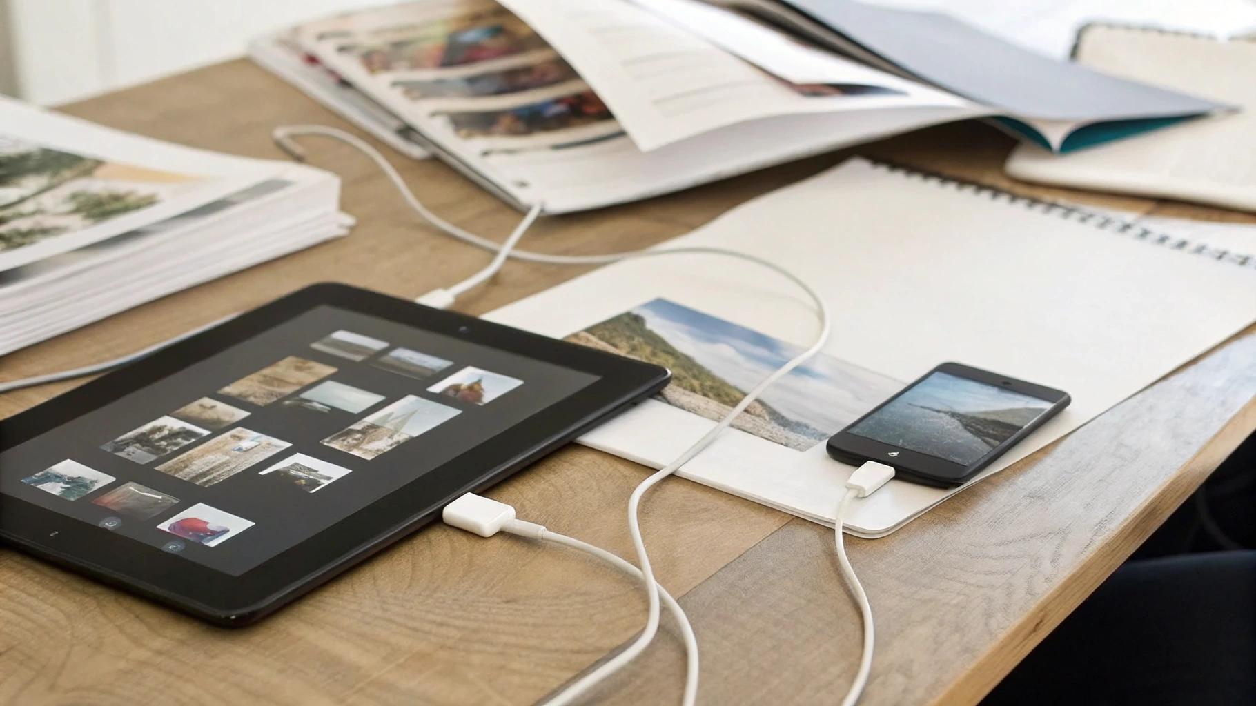 Android‑планшет и iPad на столе в процессе переноса файлов и фото