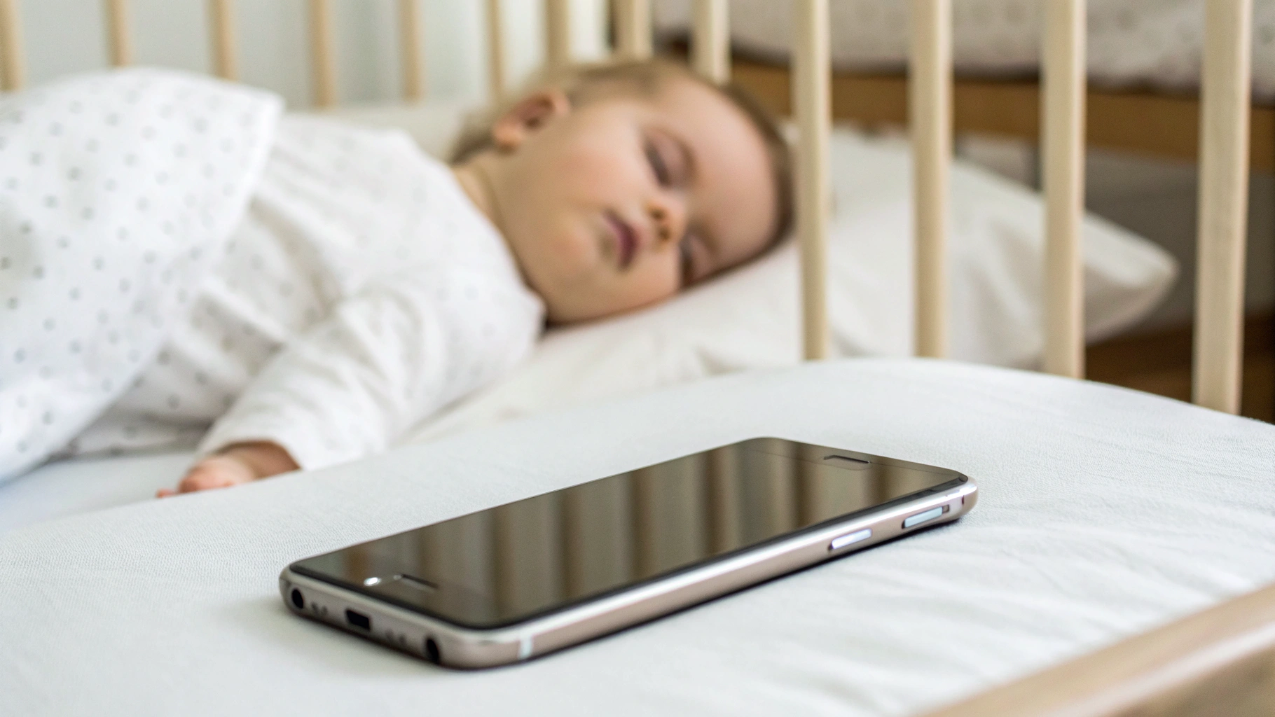 Смартфон с режимом «Не беспокоить» по расписанию на тумбочке рядом со спящим ребёнком