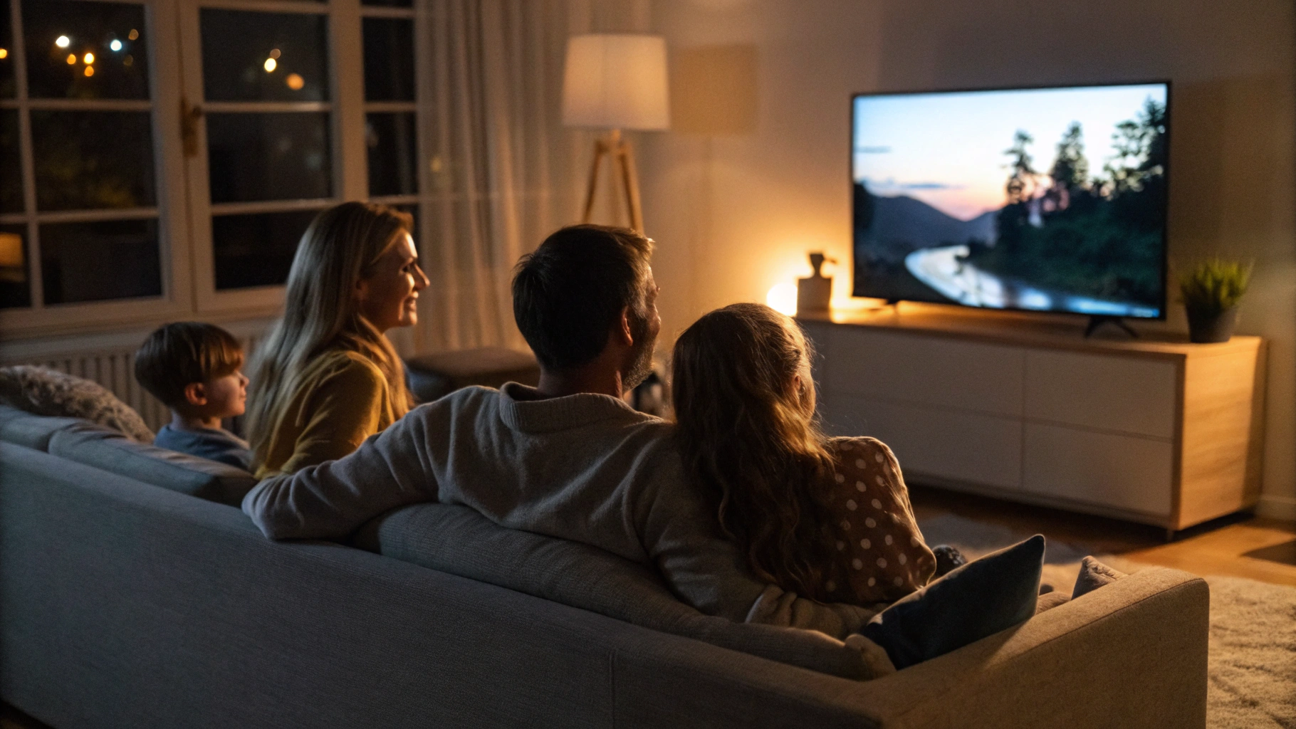 Семья вечером смотрит телевизор в ночном режиме с пониженной громкостью