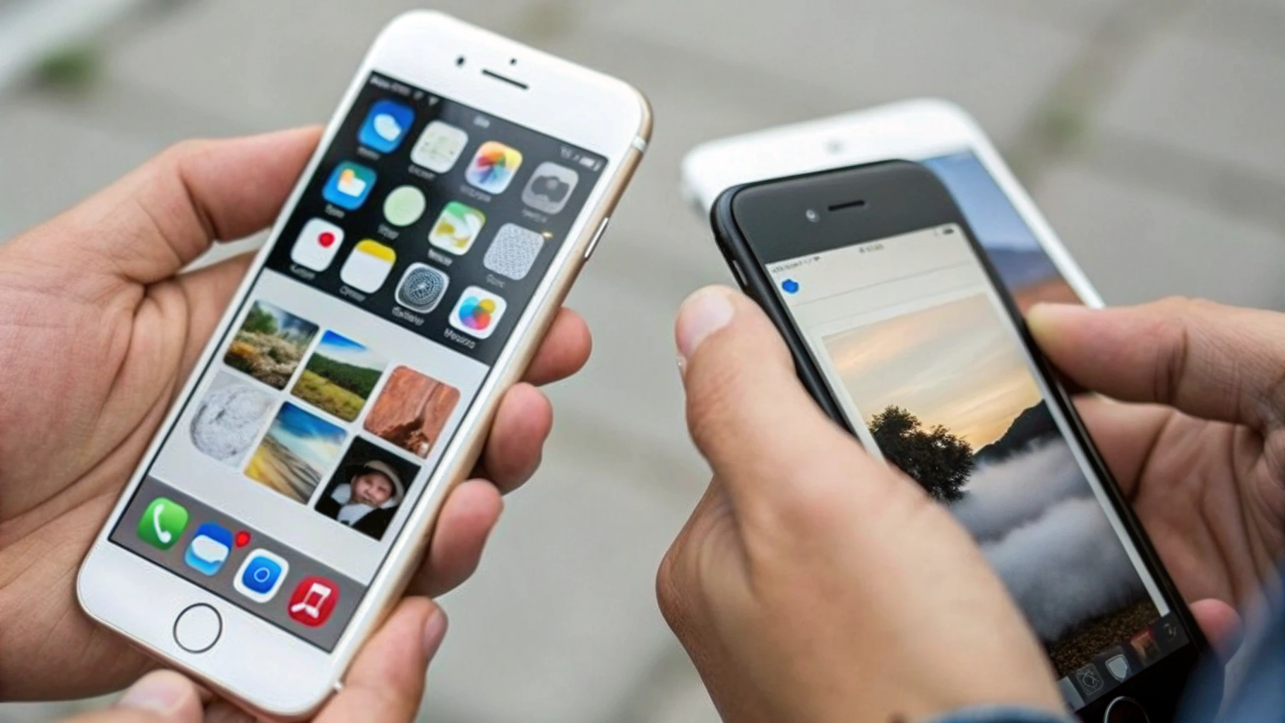 iPhone и Android рядом, на экранах открыты Google Фото и iCloud Фото