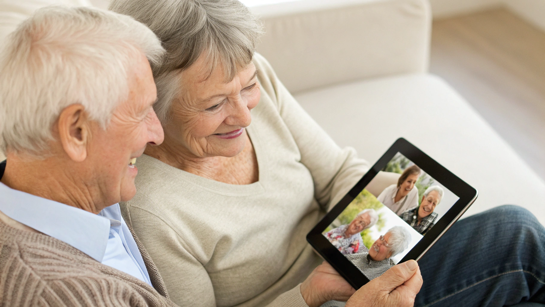 Бабушка и дедушка просматривают общий семейный фотоархив на планшете