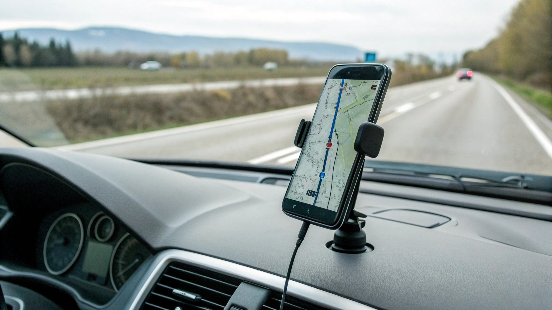 Android‑смартфон в автомобильном держателе с запущенным навигатором во время поездки