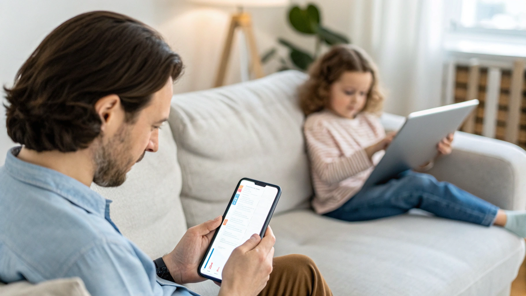 Родитель смотрит отчёт о времени экрана на Android‑смартфоне