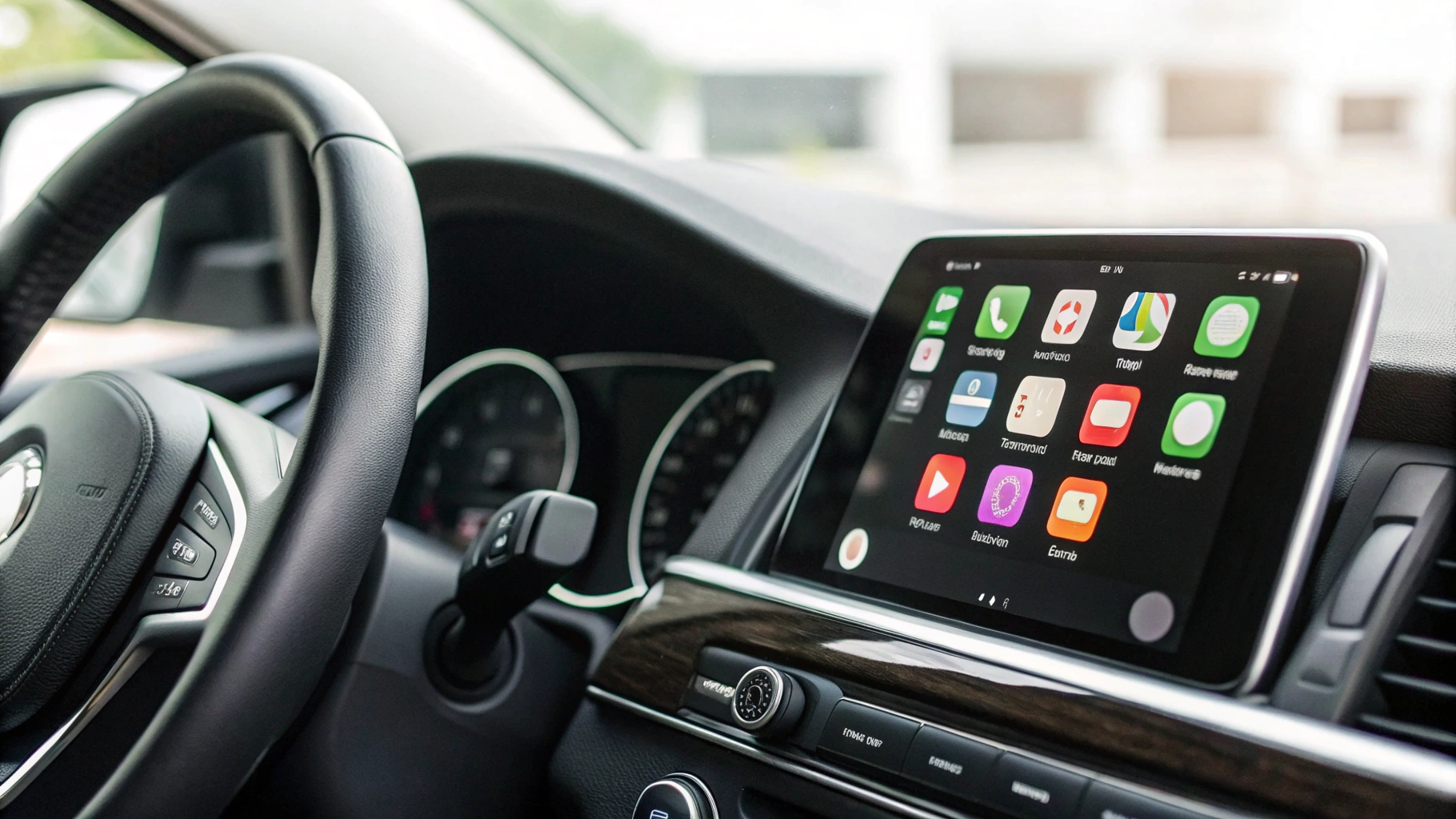 Экран мультимедийной системы с интерфейсом смартфона для навигации и музыки