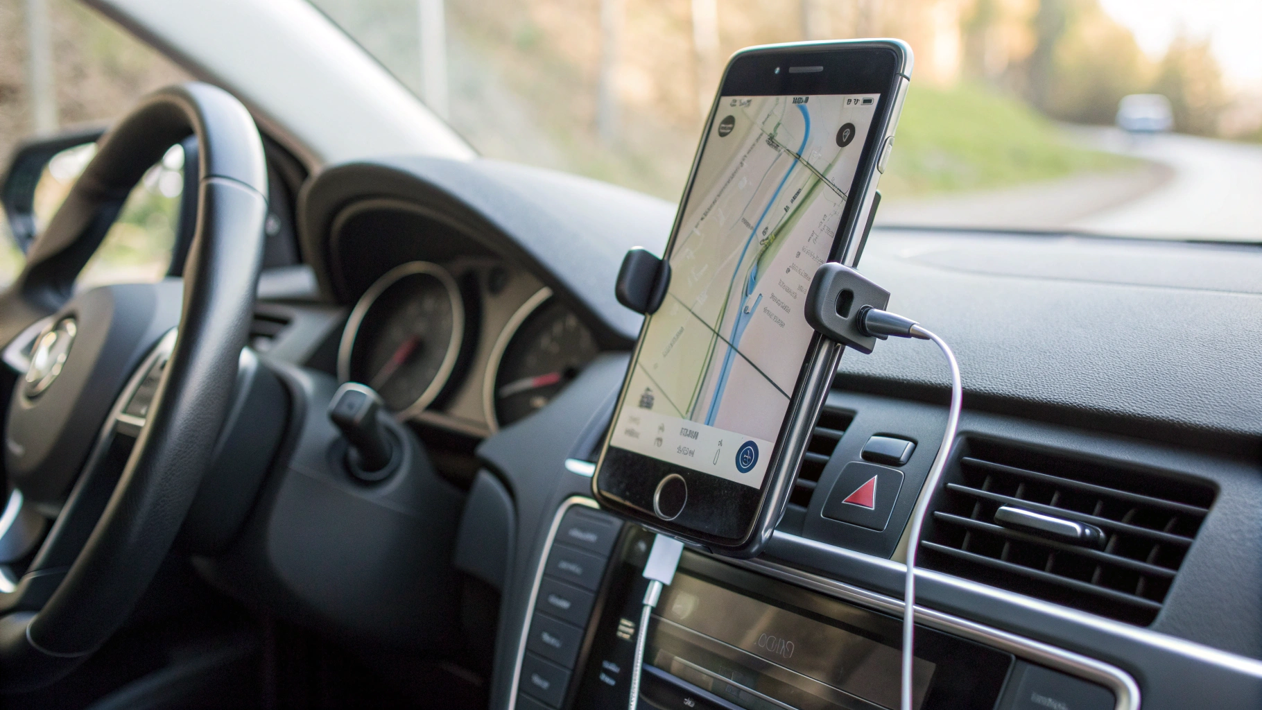 Смартфон в держателе на панели автомобиля с навигацией и плеером