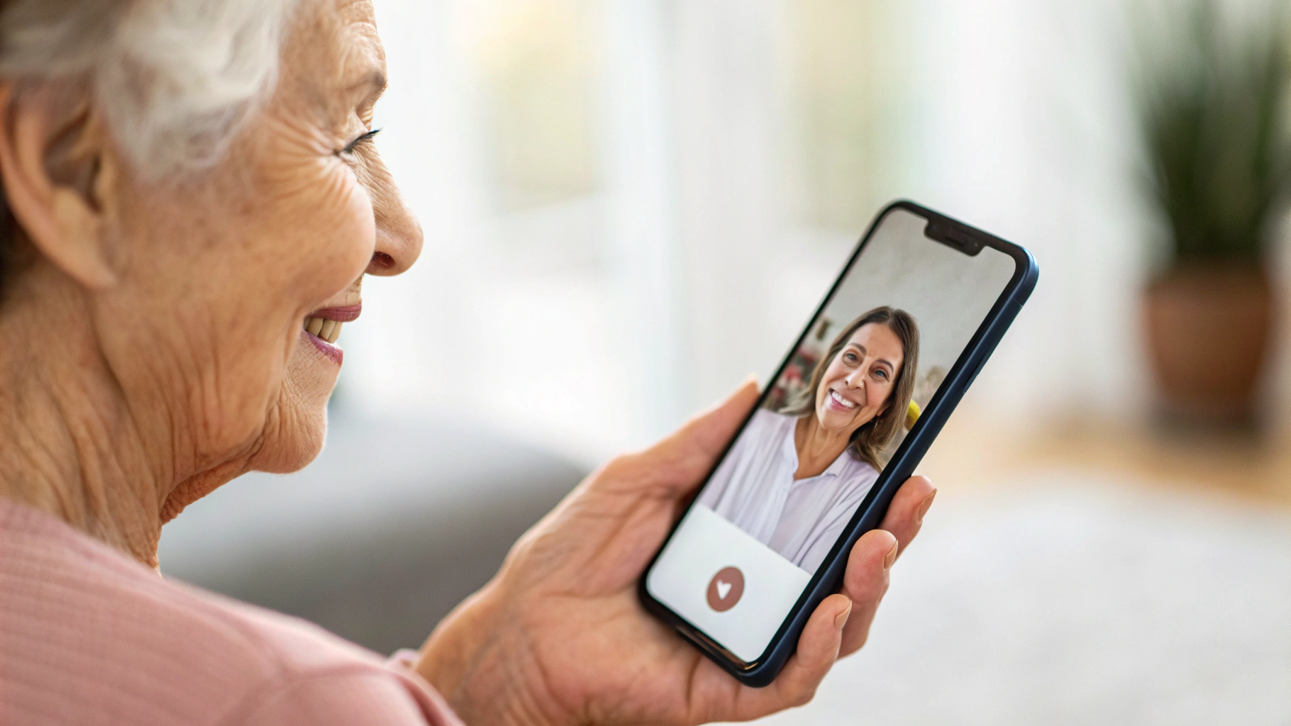 Пожилой человек держит смартфон с открытым окном видеозвонка