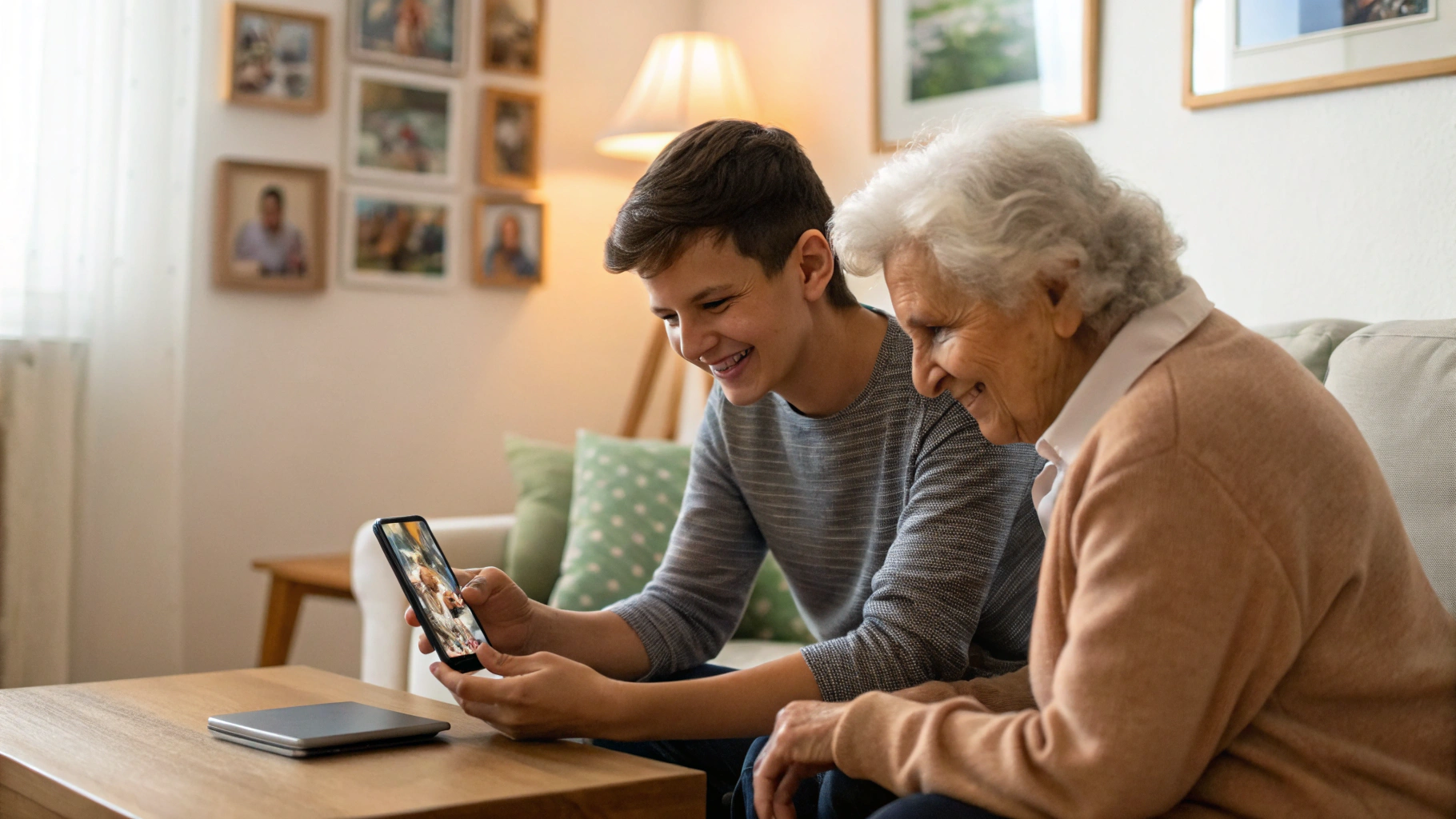 Взрослый ребёнок помогает родителю настроить видеозвонки на новом смартфоне