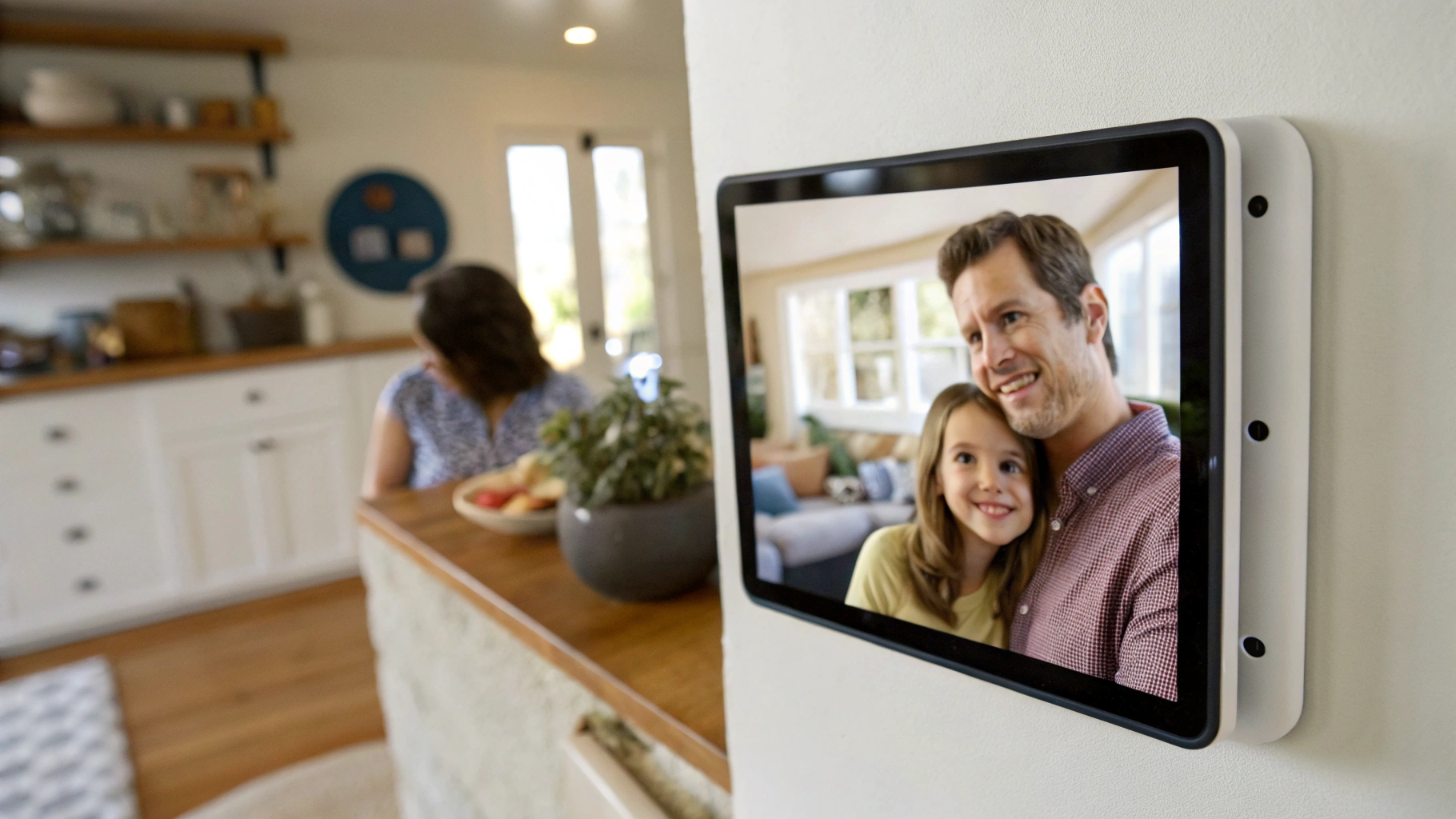 Планшет на стене с общим списком покупок и слайд-шоу семейных фотографий