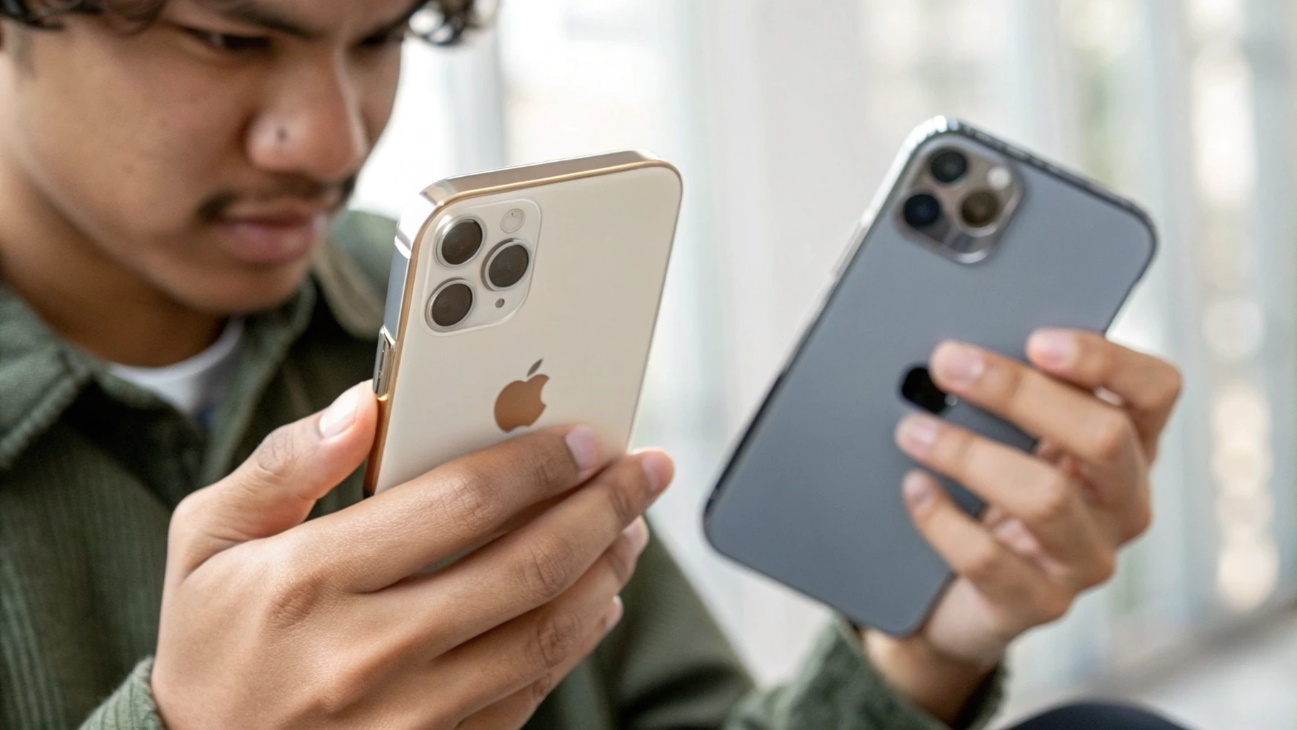 Покупатель сравнивает два поколения iPhone по экрану и камере