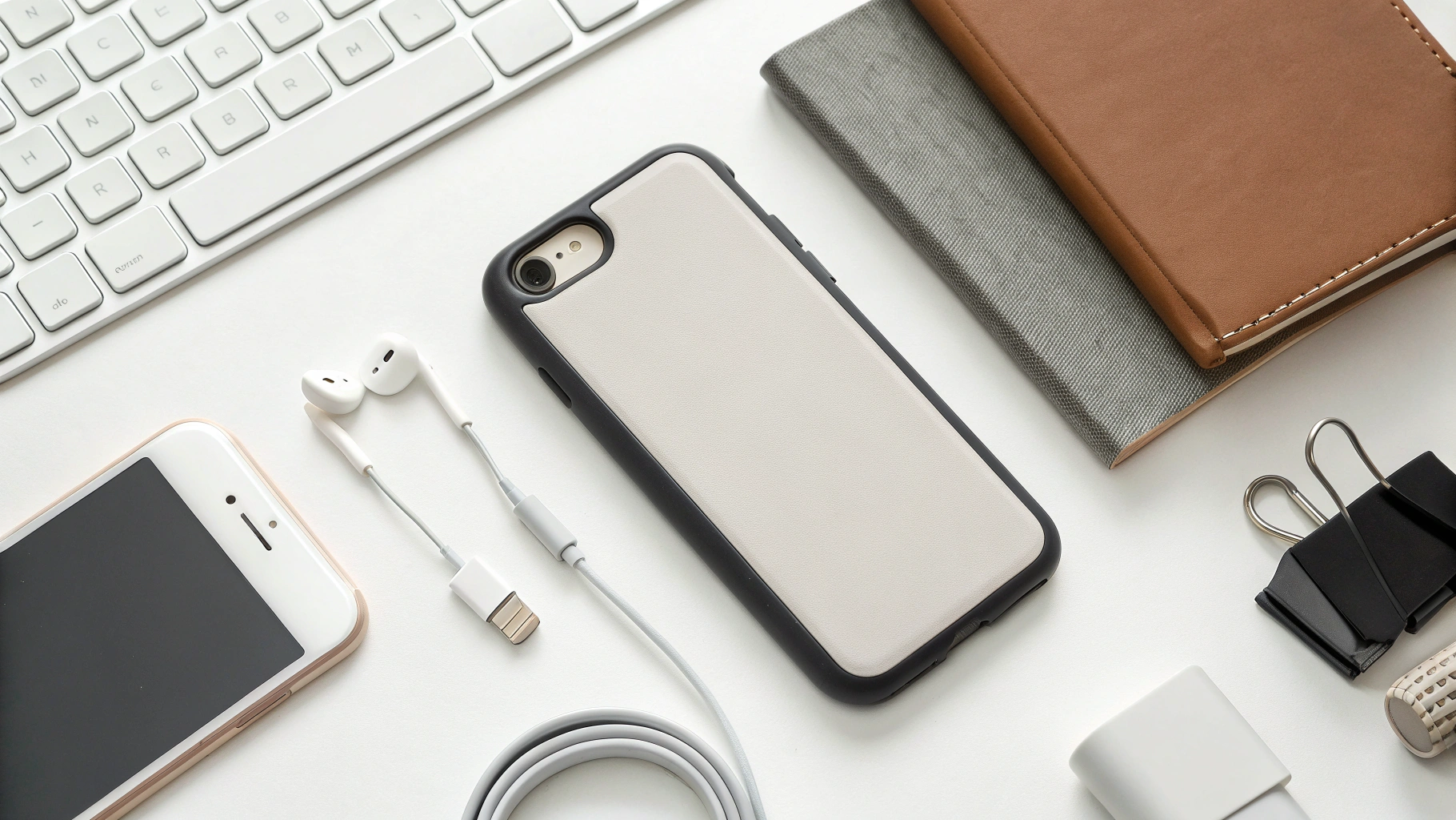 Новый iPhone на столе вместе с чехлом, зарядкой и аксессуарами