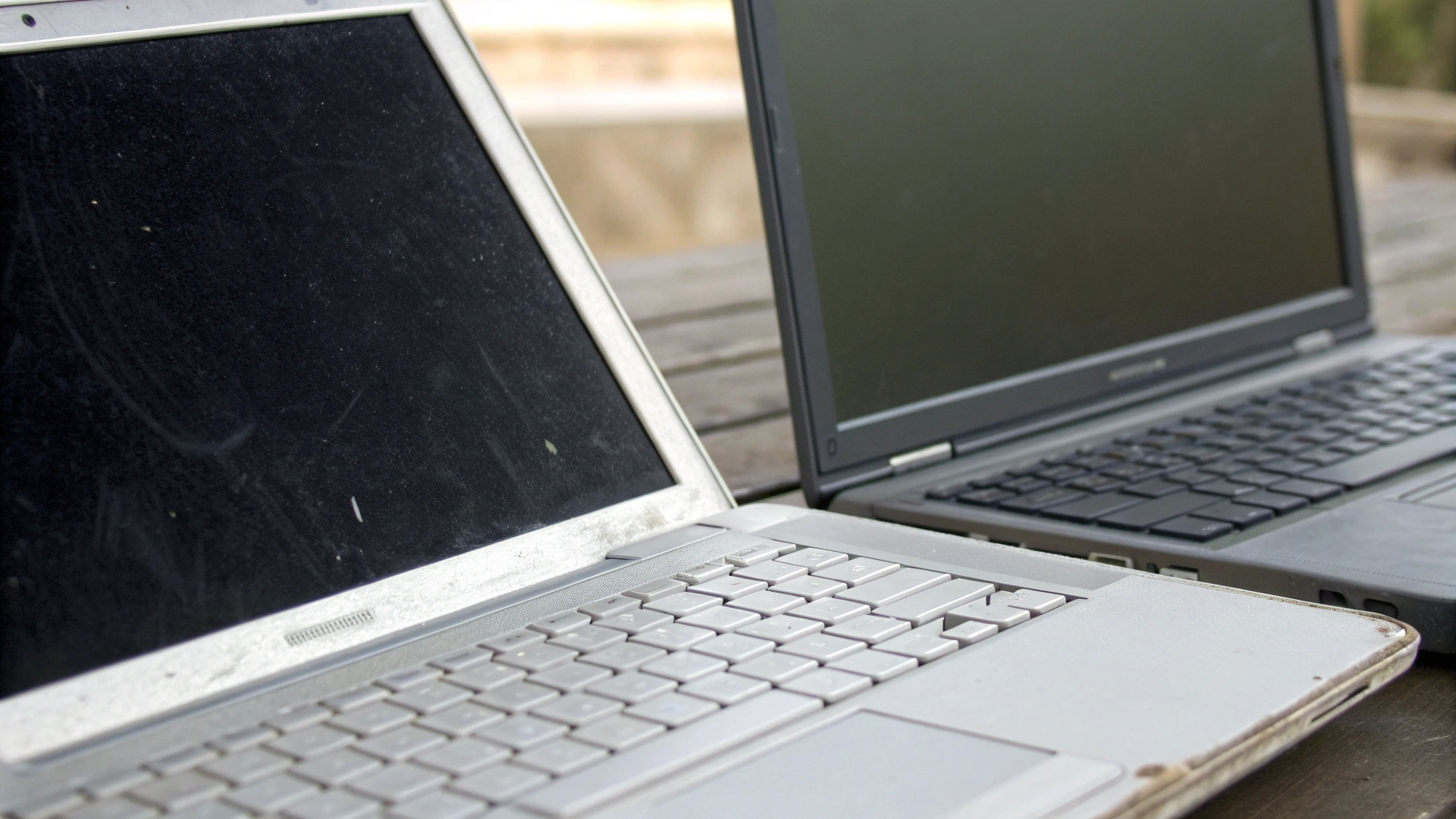 Подержанный MacBook и новый ноутбук на Windows стоят рядом на столе