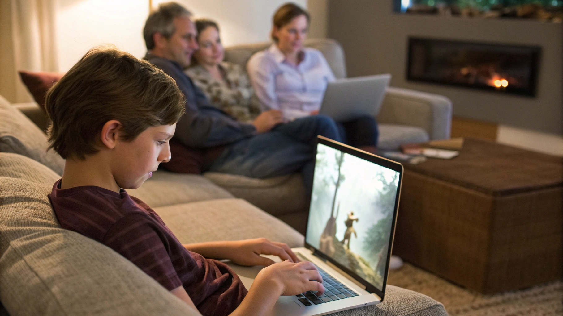 Подросток играет на ноутбуке Windows, а родители смотрят фильм на MacBook