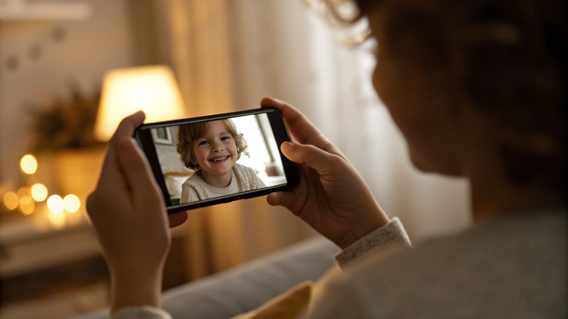 Смартфон снимает ребёнка в портретном режиме дома крупным планом