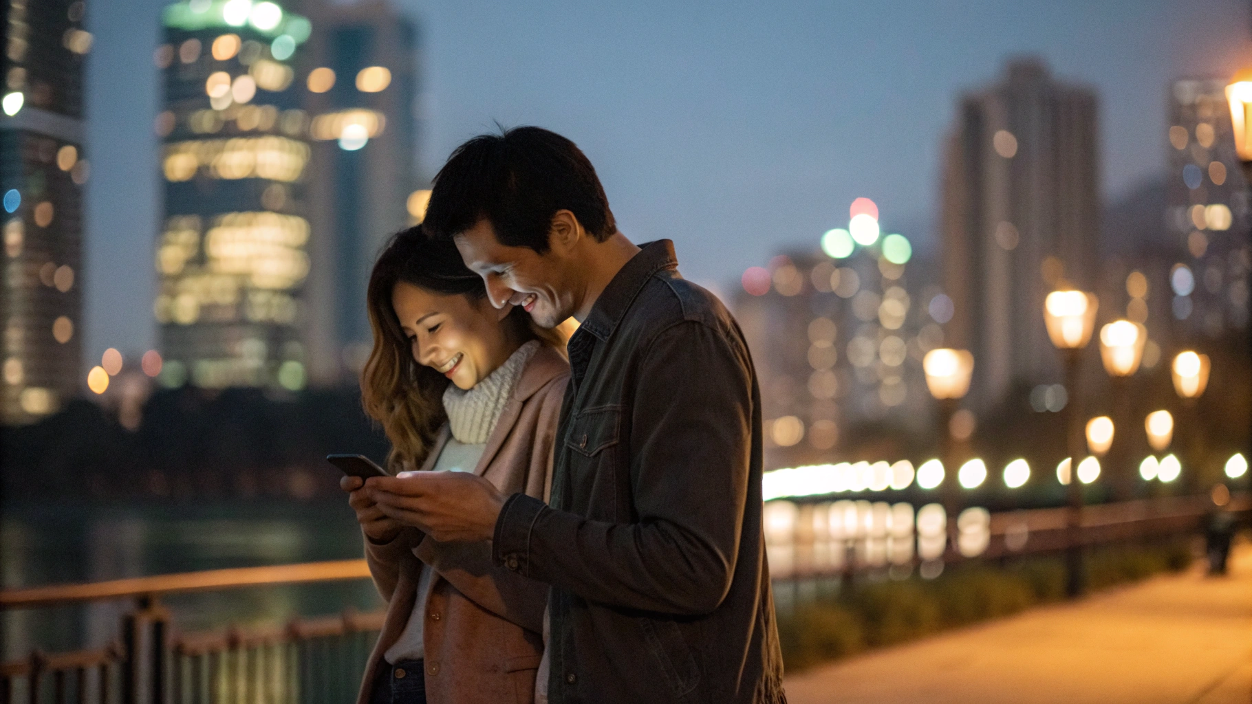 Пара делает портретное фото на смартфон вечером на фоне огней города