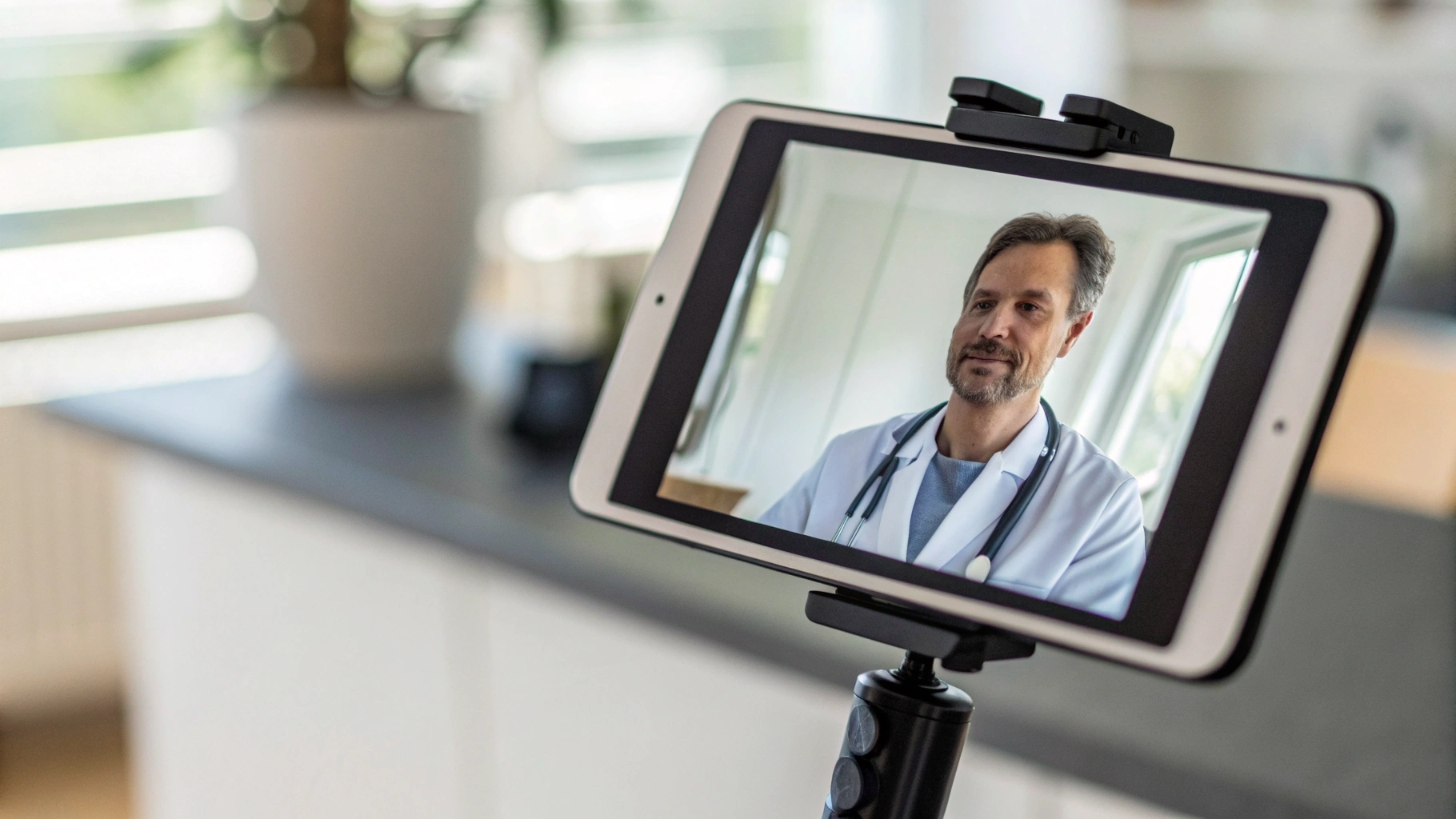 Планшет на подставке с окном видеозвонка к врачу