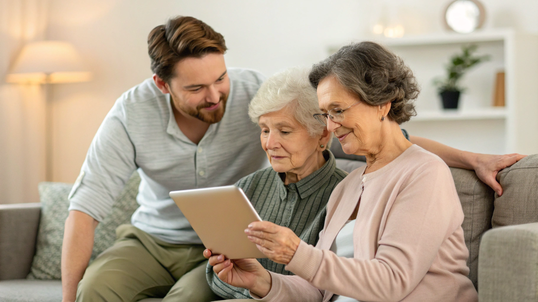 Взрослый ребёнок помогает пожилым родителям настроить планшет для видеосвязи