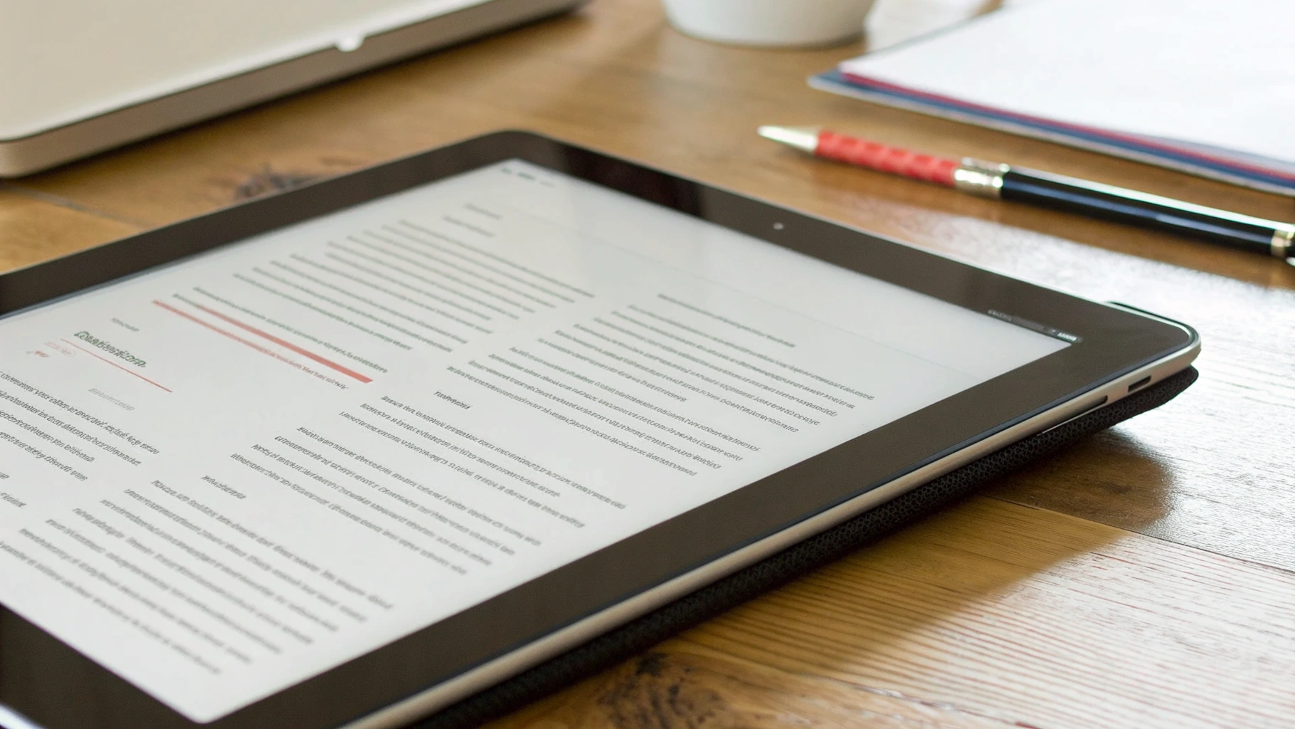 Планшет с открытым юридическим PDF-документом и выделенным текстом на столе