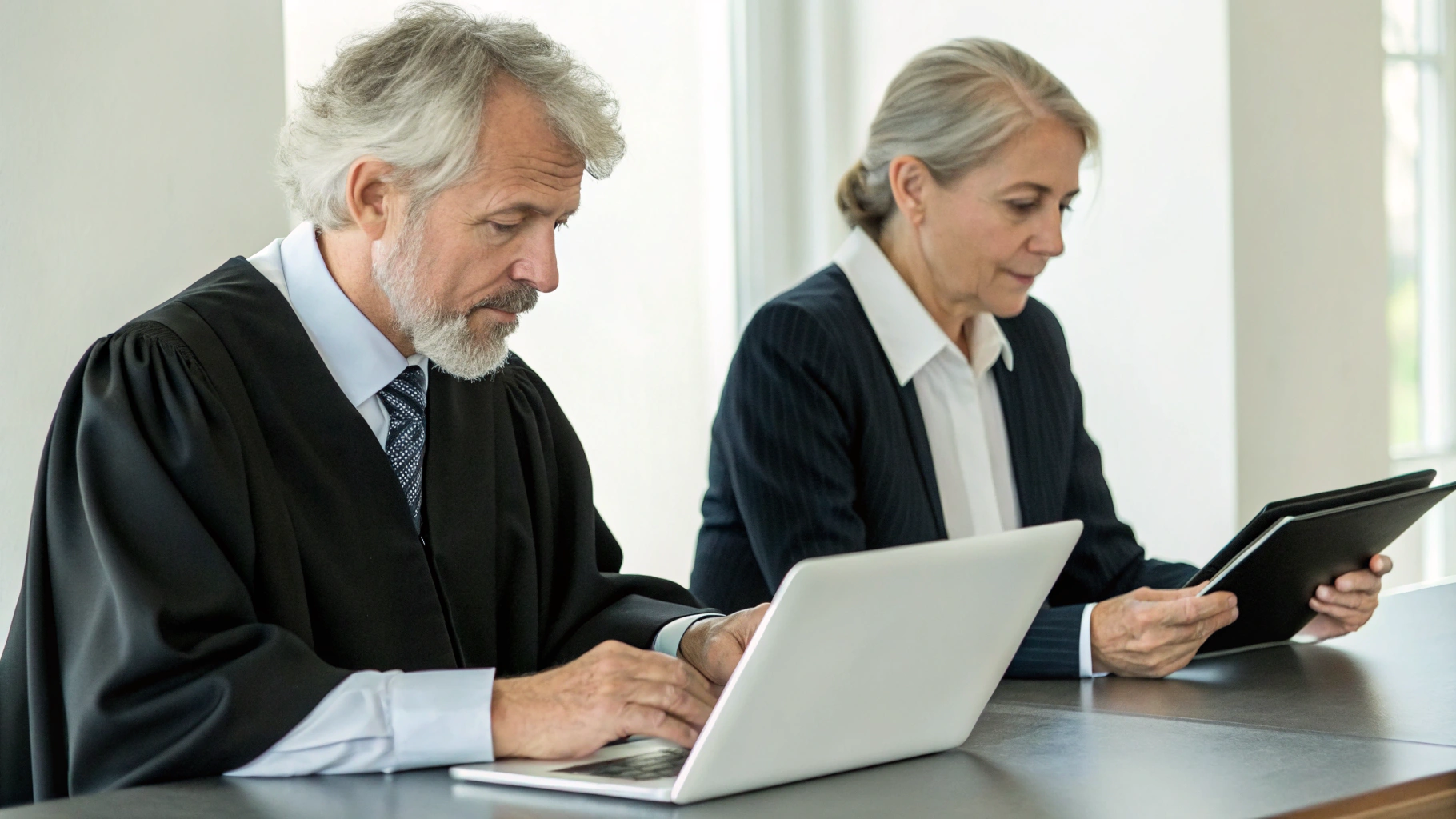 Пожилые юристы рядом читают юридические PDF-документы на ноутбуке и планшете