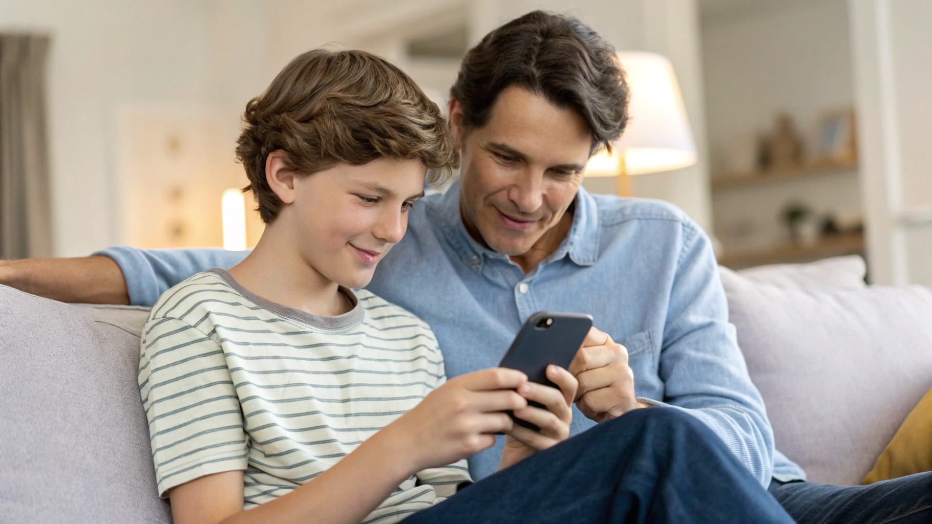 Родитель и подросток вместе изучают характеристики семейного смартфона