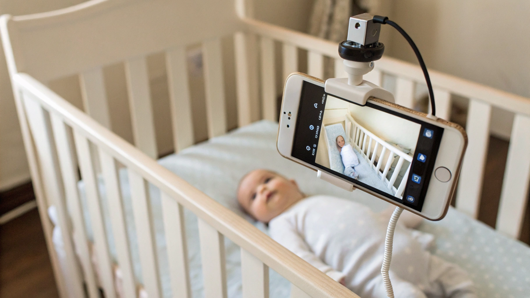 Старый смартфон, закреплённый у детской кроватки и работающий как видеоняня