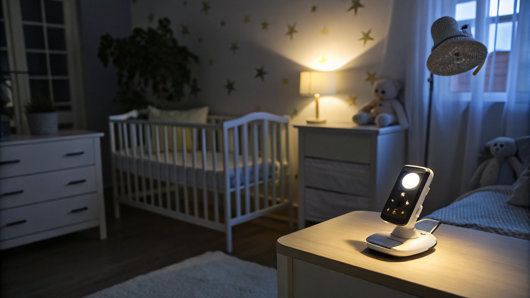 Детская ночью с мягким ночником и смартфоном на подставке в роли видеоняни