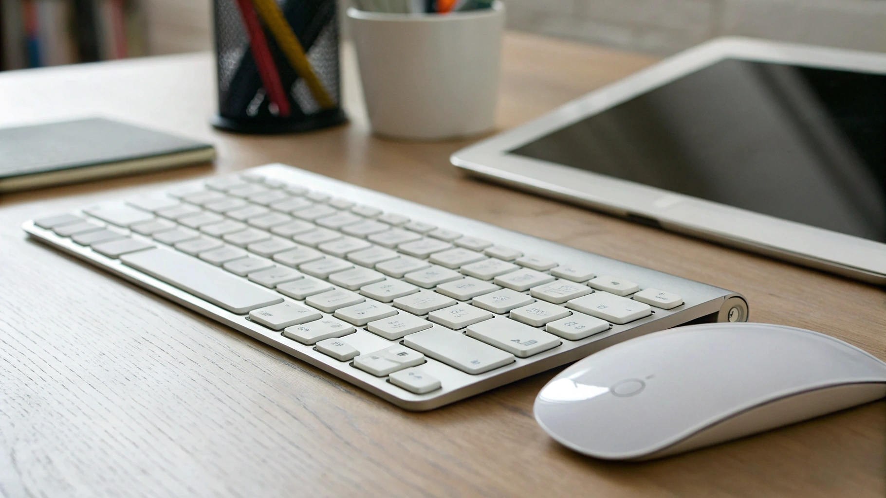 Беспроводная клавиатура и мышь рядом с планшетом на столе