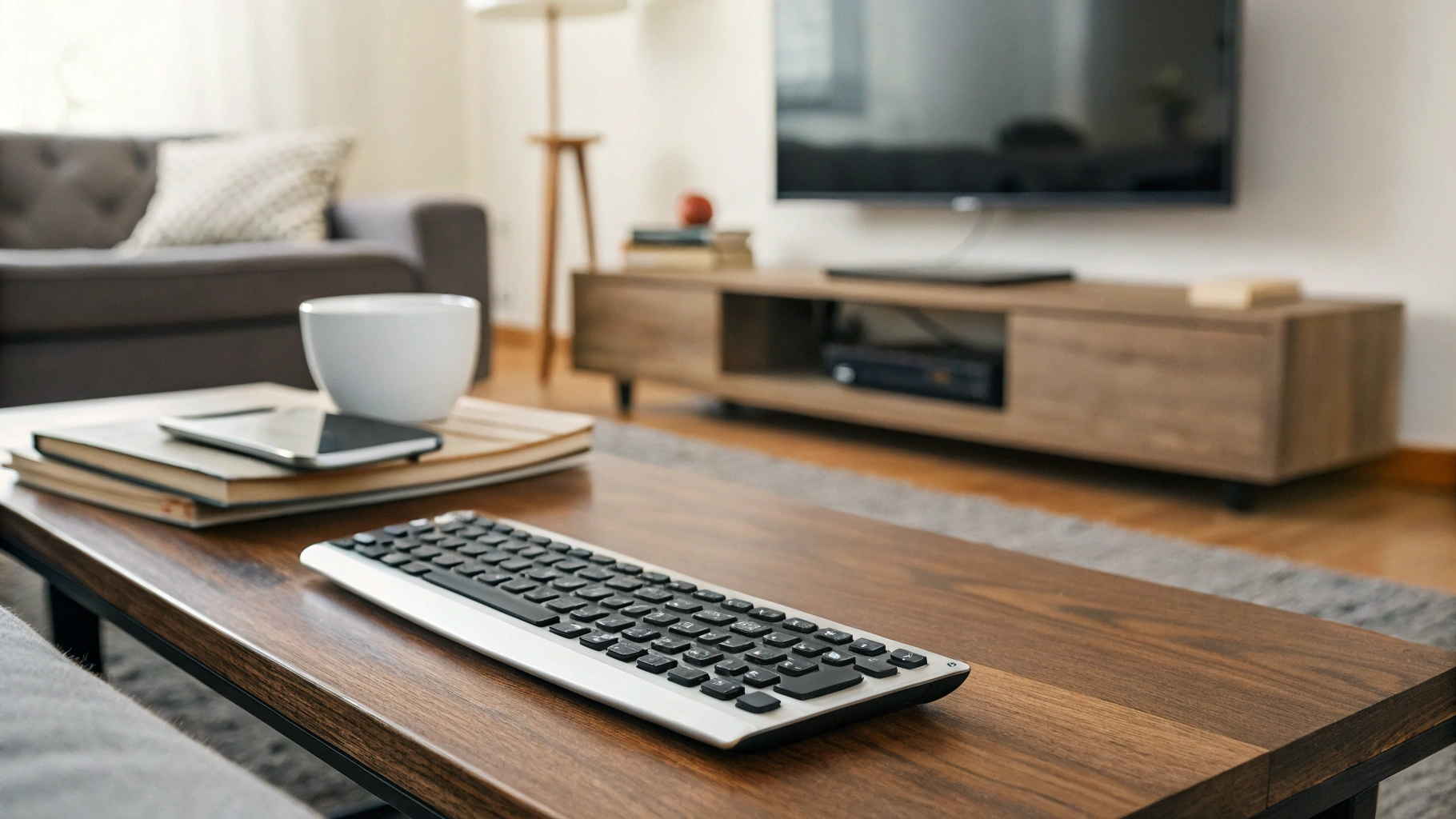 Миниатюрная беспроводная клавиатура с тачпадом на журнальном столике перед телевизором