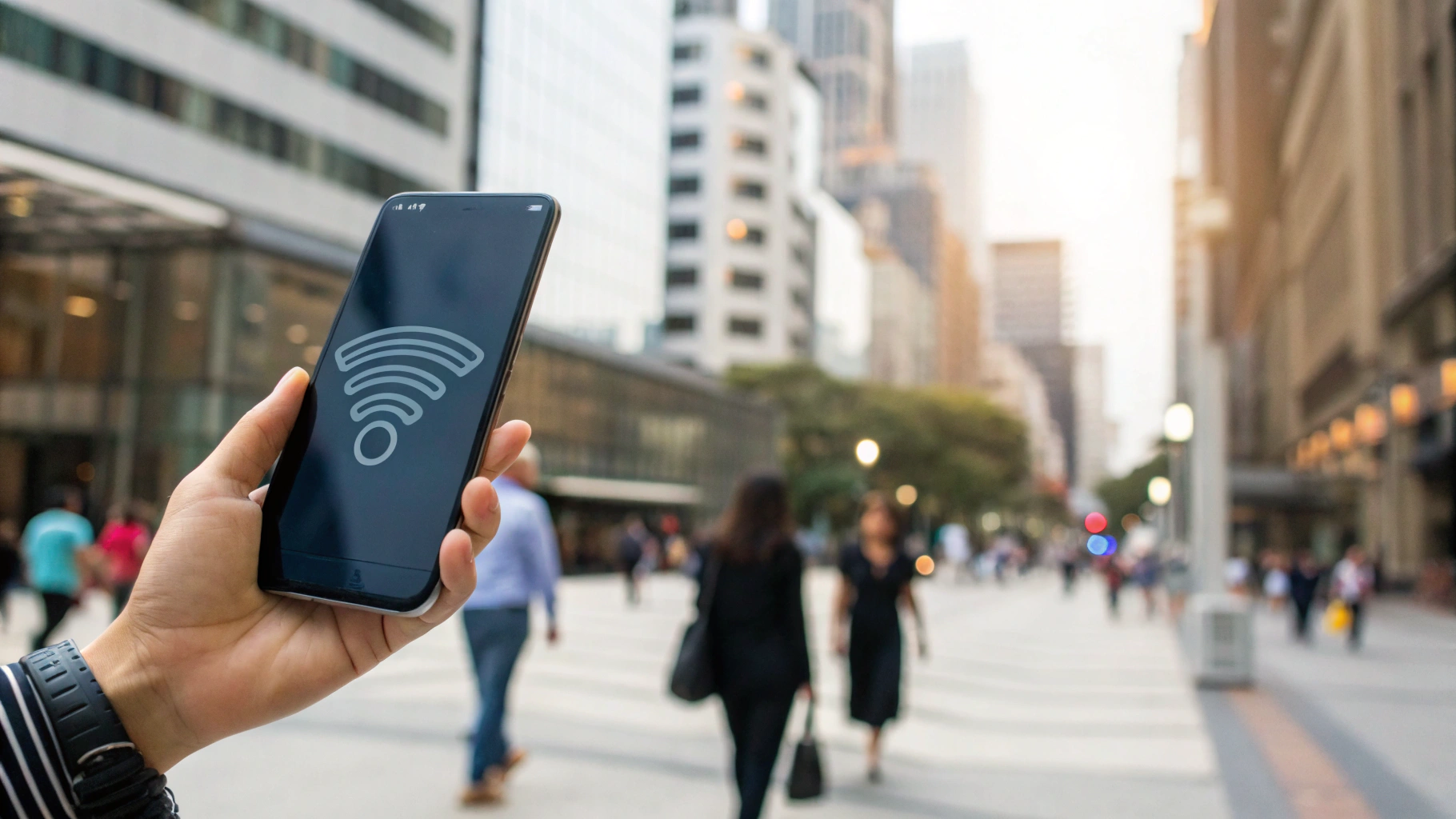 Смартфон с индикатором сигнала и значками 4G и 5G на фоне города