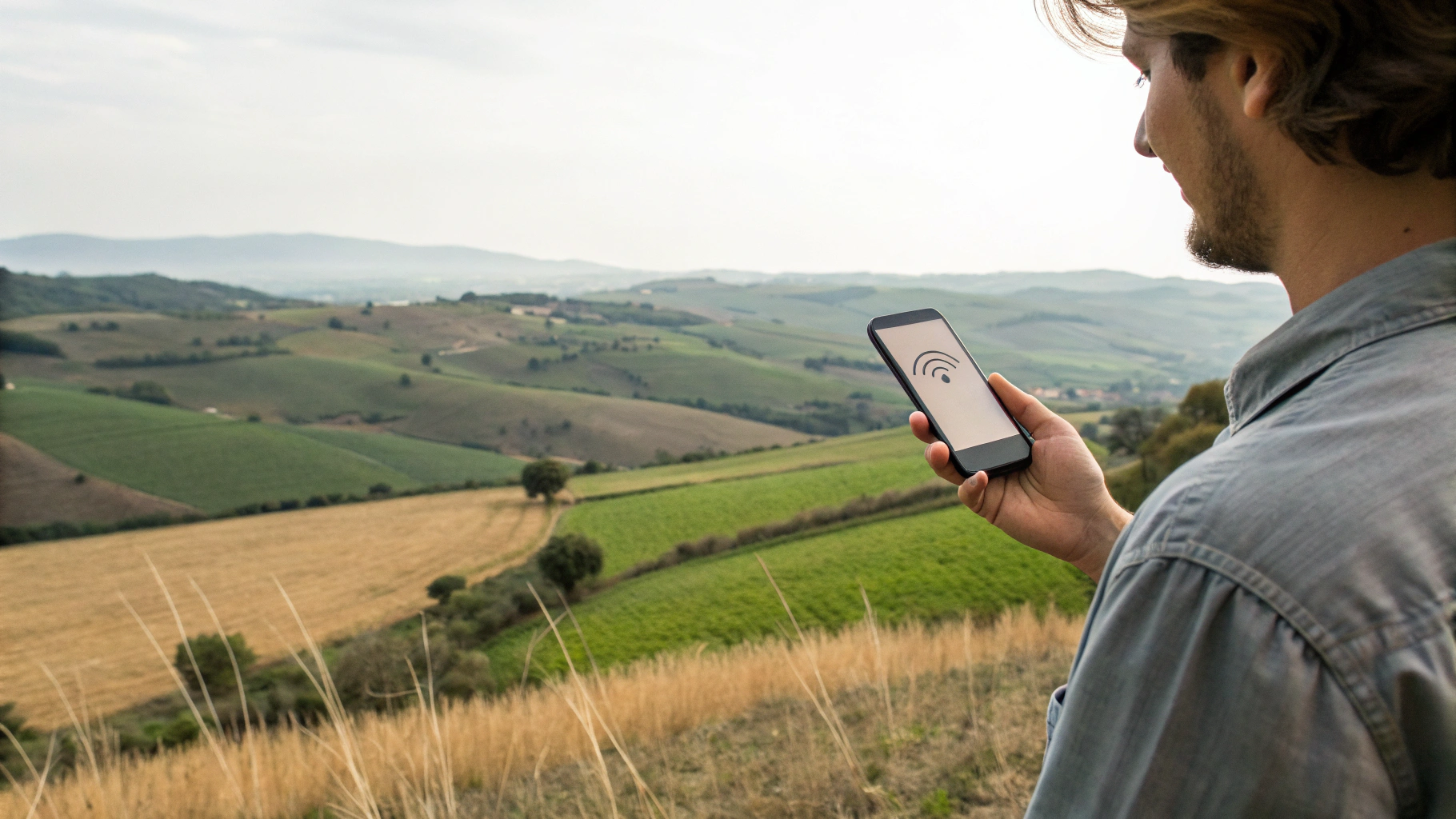 Человек держит смартфон с слабым сигналом сети на фоне загородного дома