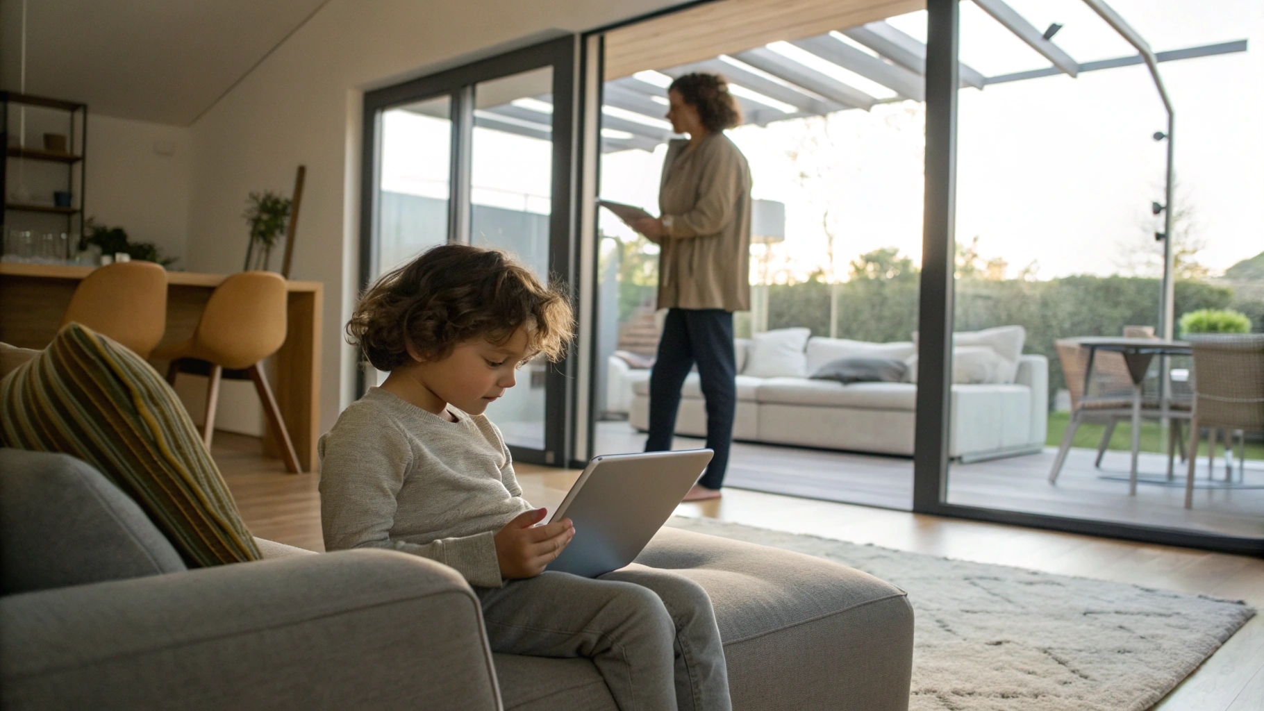 Ребёнок с родителем пользуется iPad дома как первым устройством Apple