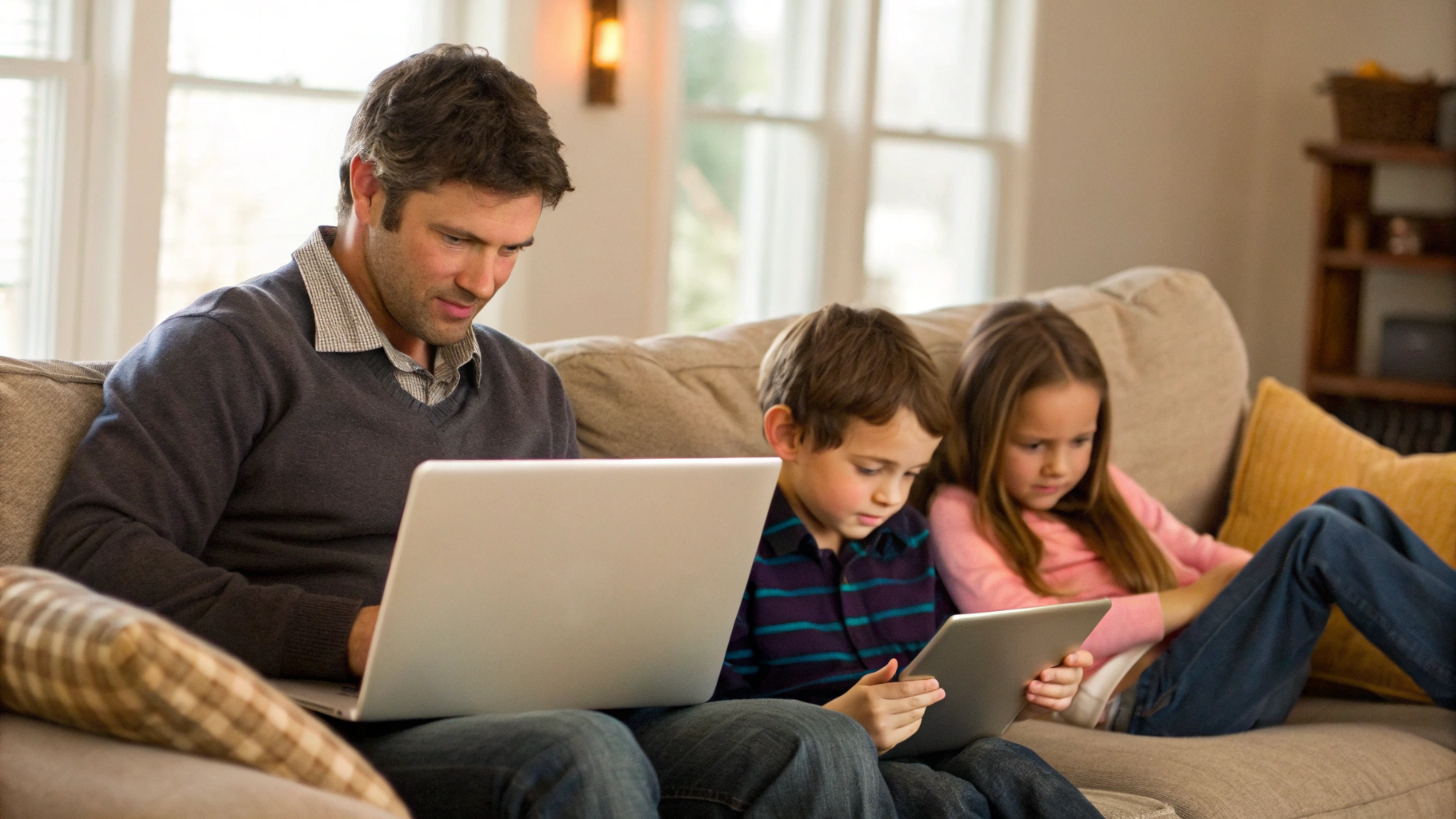 Родитель работает за MacBook, пока дети смотрят видео на iPad дома